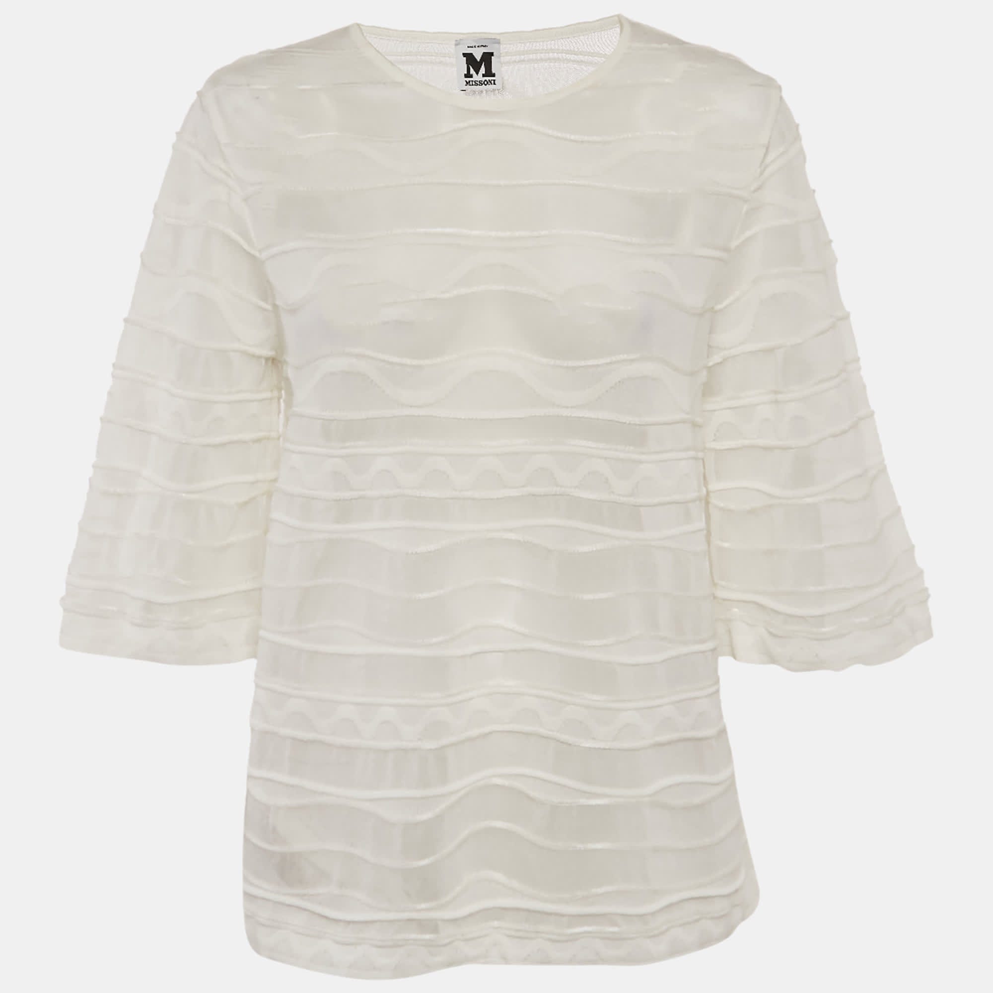 White Patterned Knit Round Neck Top