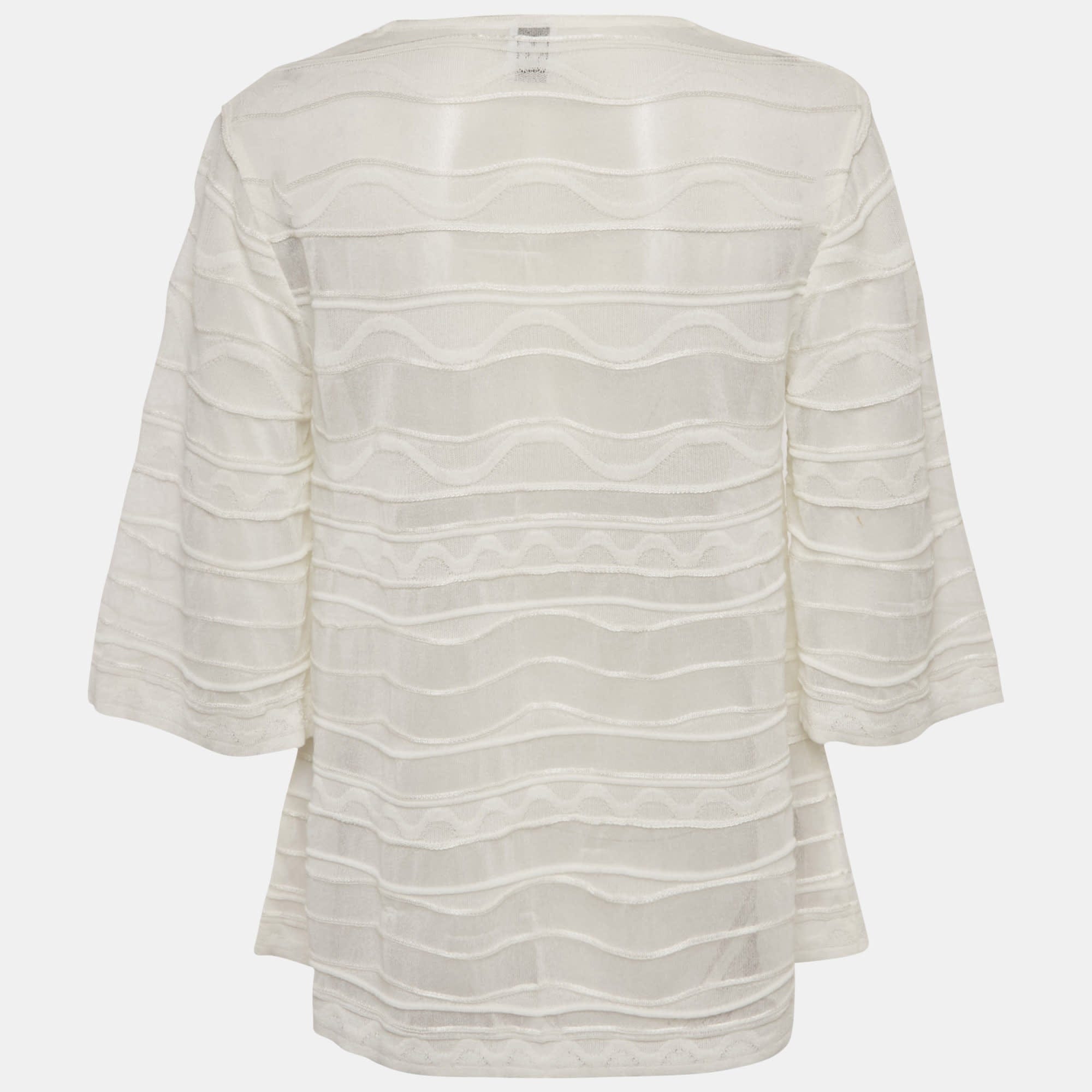 White Patterned Knit Round Neck Top