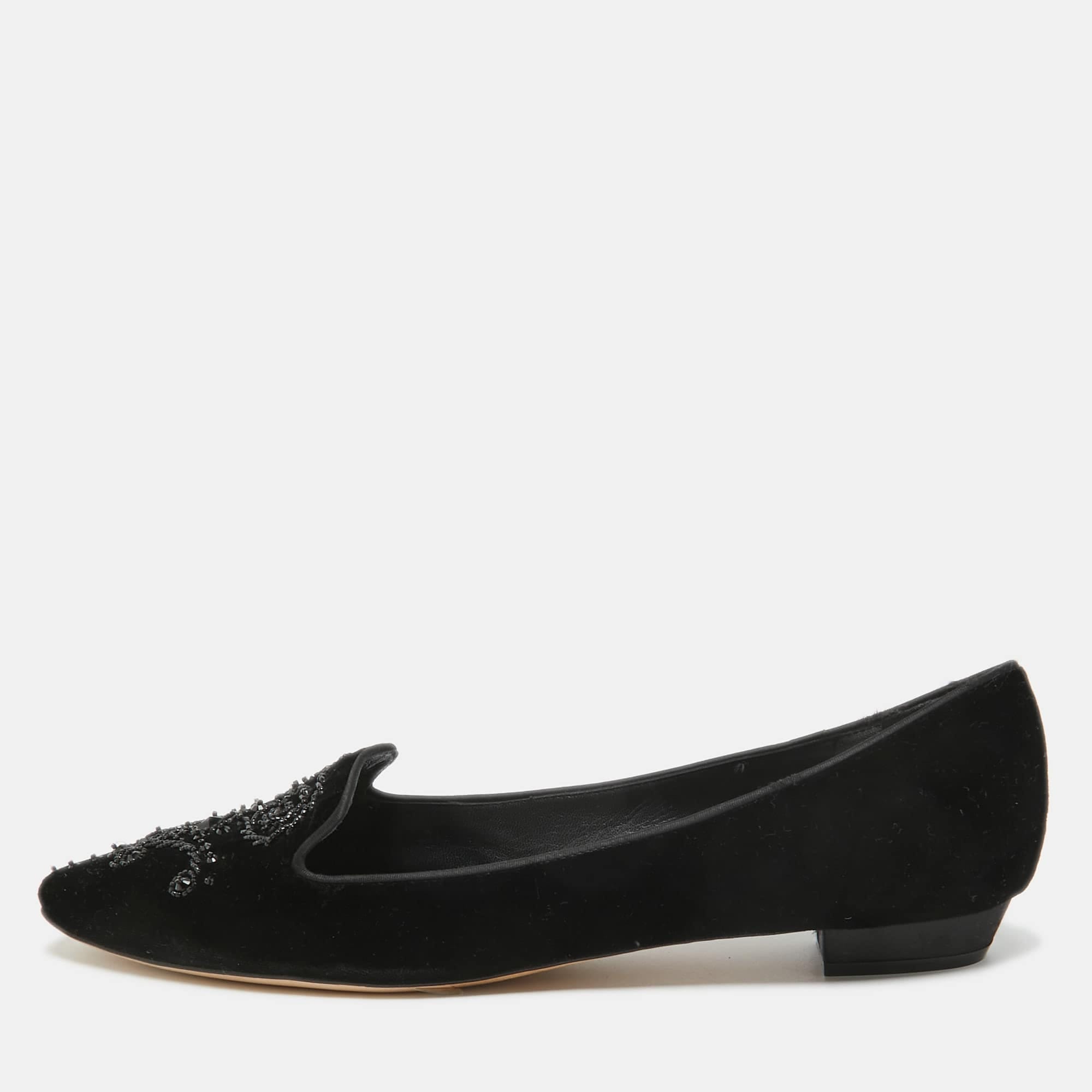 Velvet René Caovilla Black Velvet Crystal Embellished Slip On Smoking Slippers Size