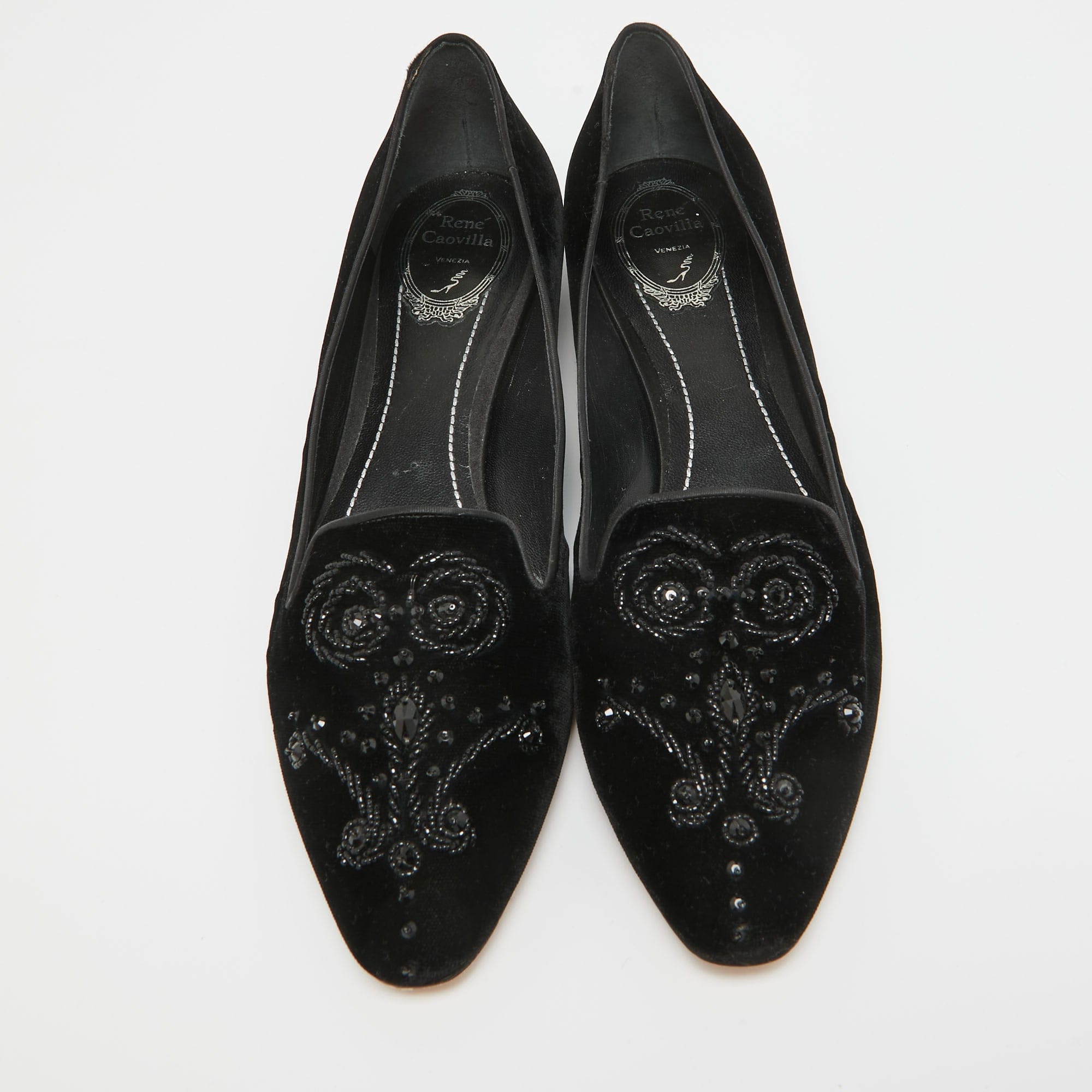 Velvet René Caovilla Black Velvet Crystal Embellished Slip On Smoking Slippers Size