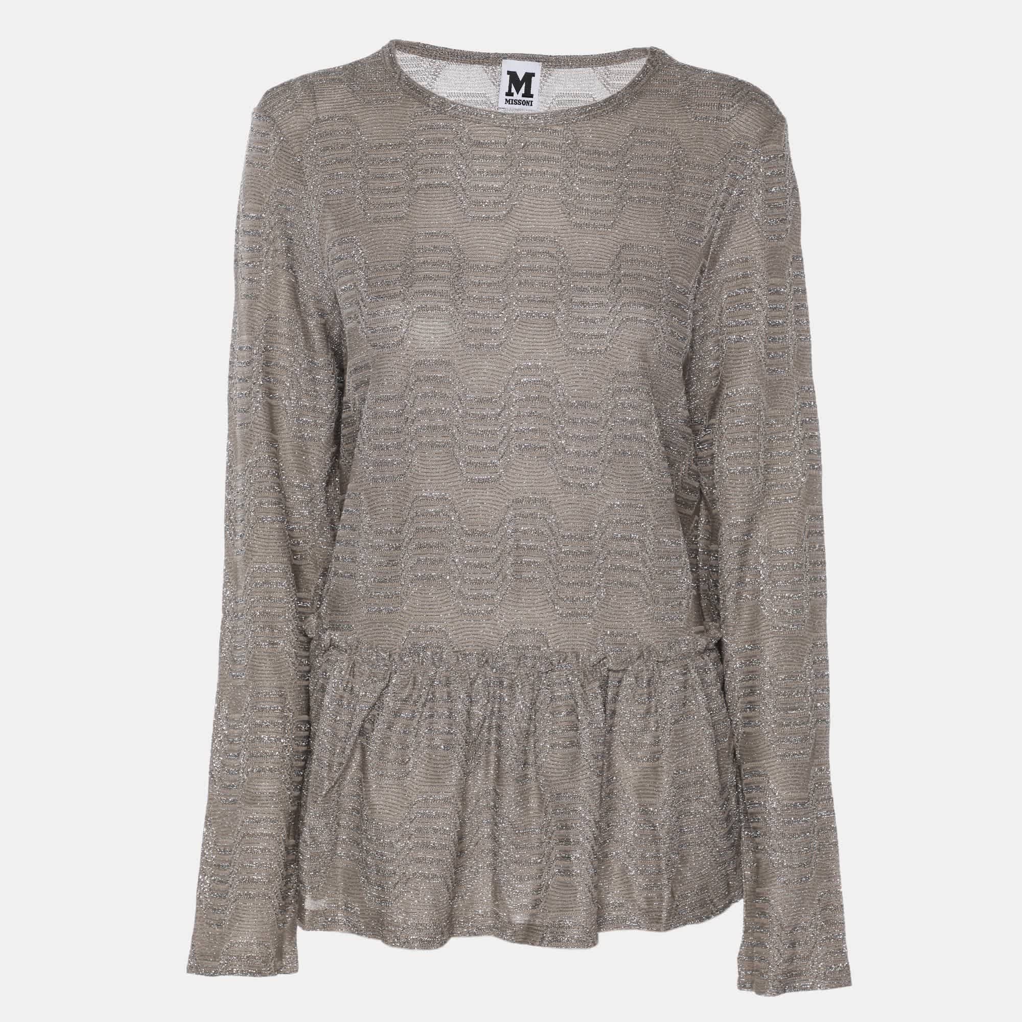 M Missoni Metallic Grey Lurex Knit Long Sleeve Pleated Tops