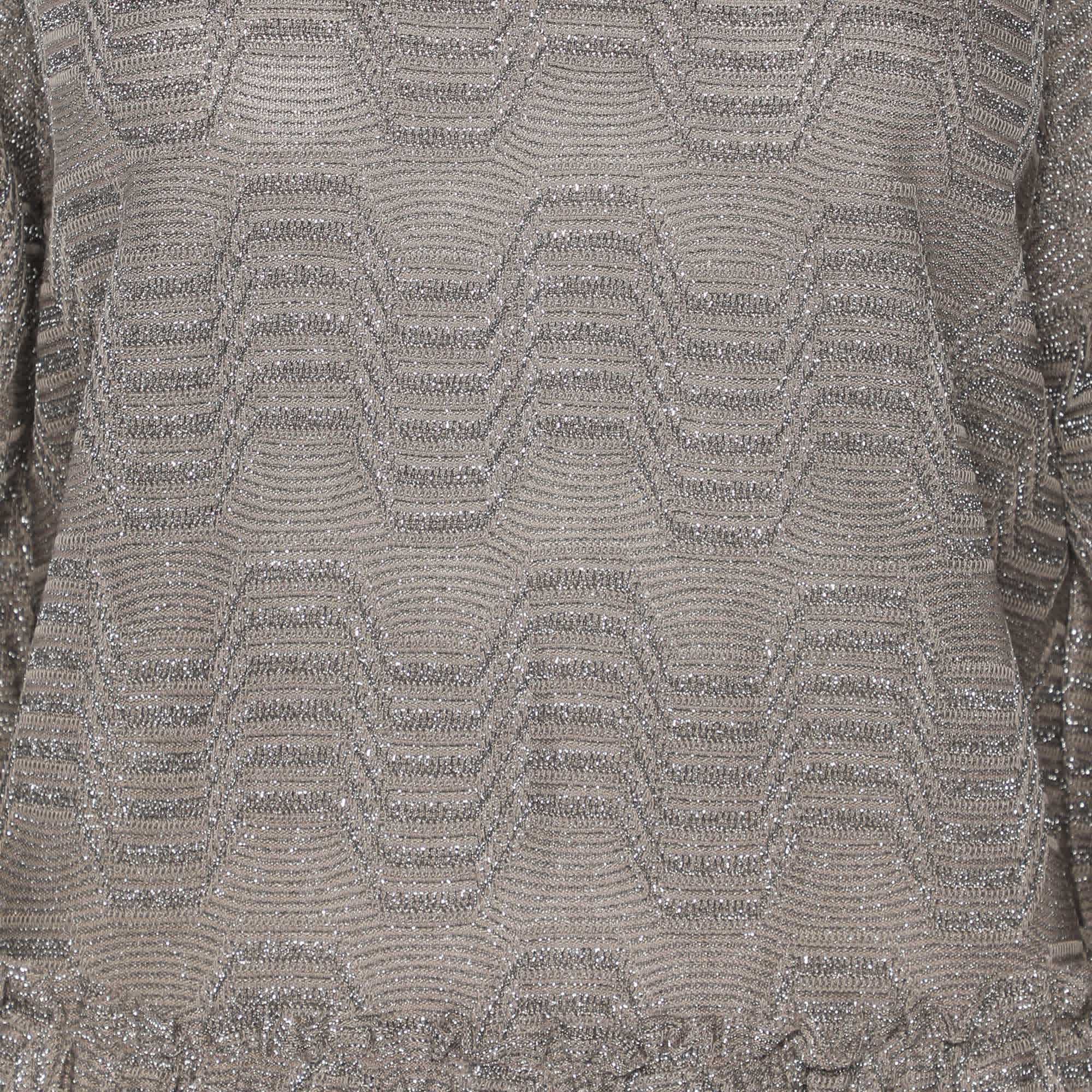M Missoni Metallic Grey Lurex Knit Long Sleeve Pleated Tops