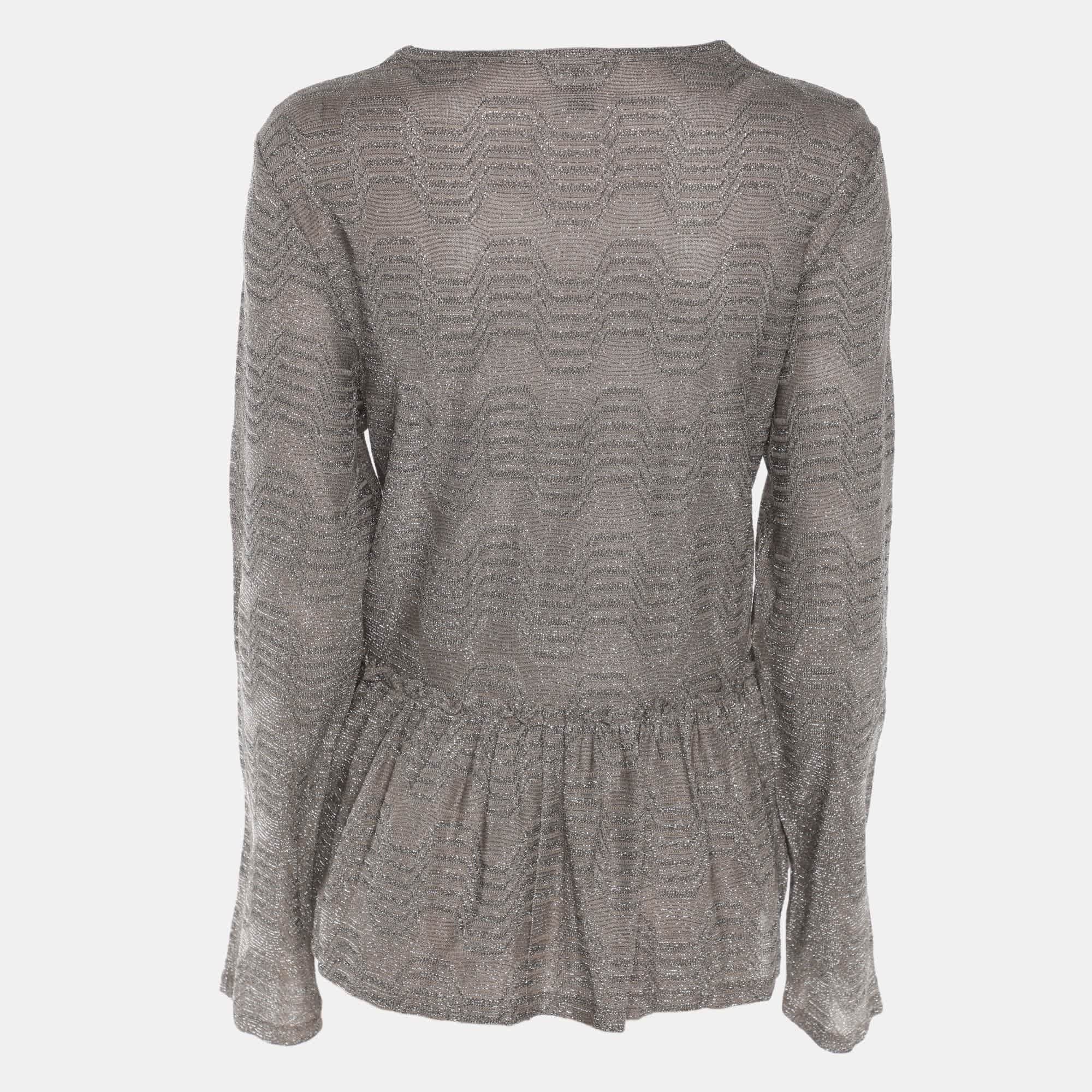 M Missoni Metallic Grey Lurex Knit Long Sleeve Pleated Tops