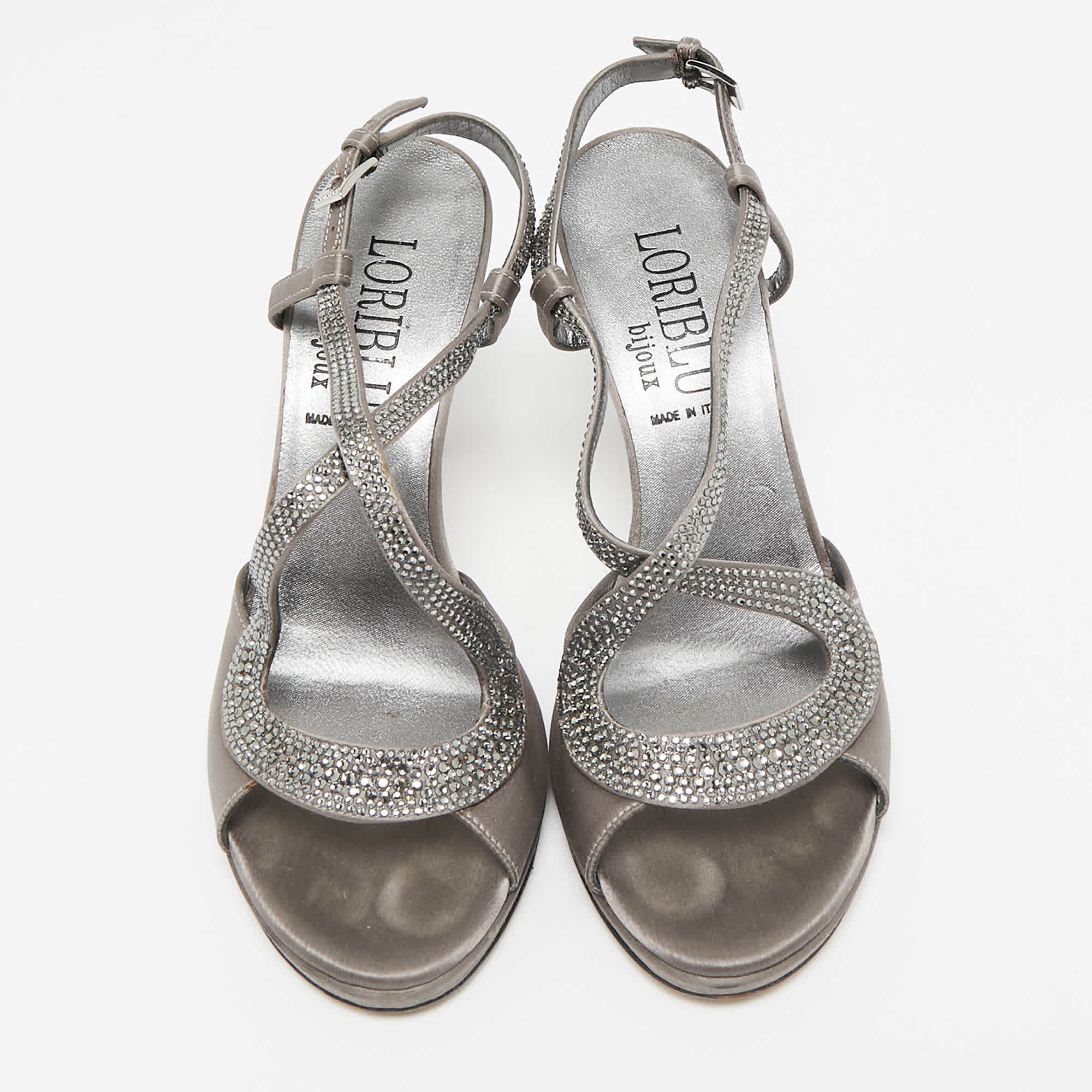 Loriblu Grey Satin Crystal Embellished Ankle Strap Sandals