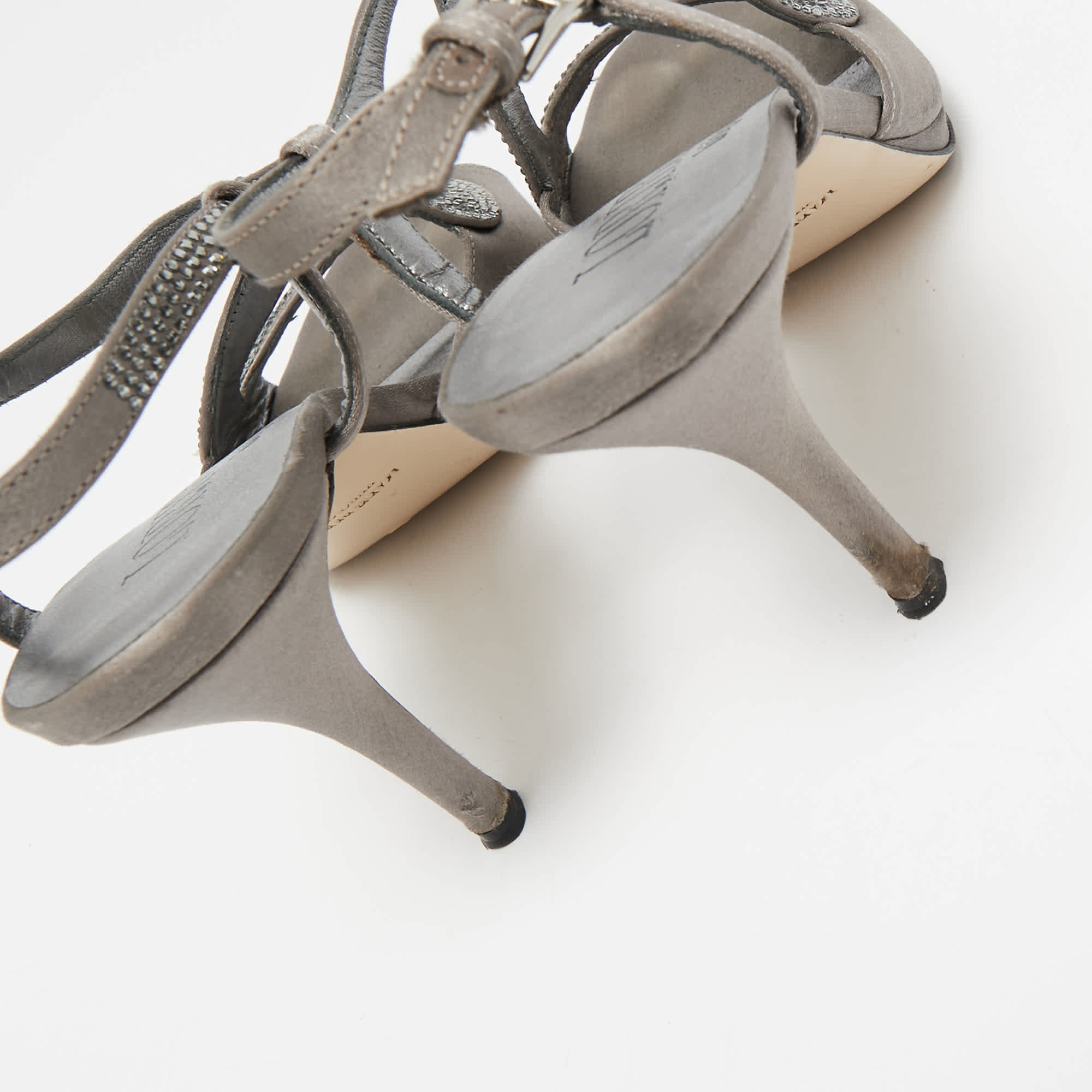 Loriblu Grey Satin Crystal Embellished Ankle Strap Sandals