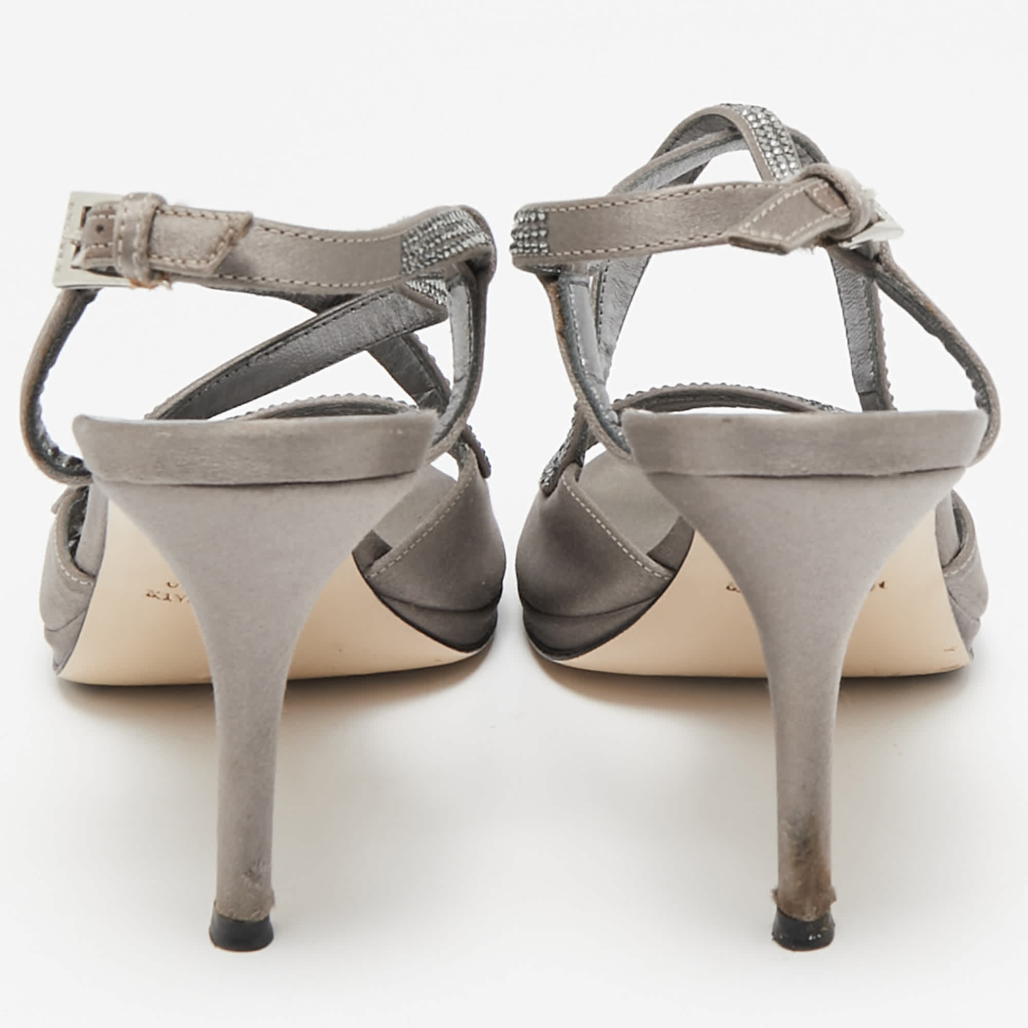 Loriblu Grey Satin Crystal Embellished Ankle Strap Sandals