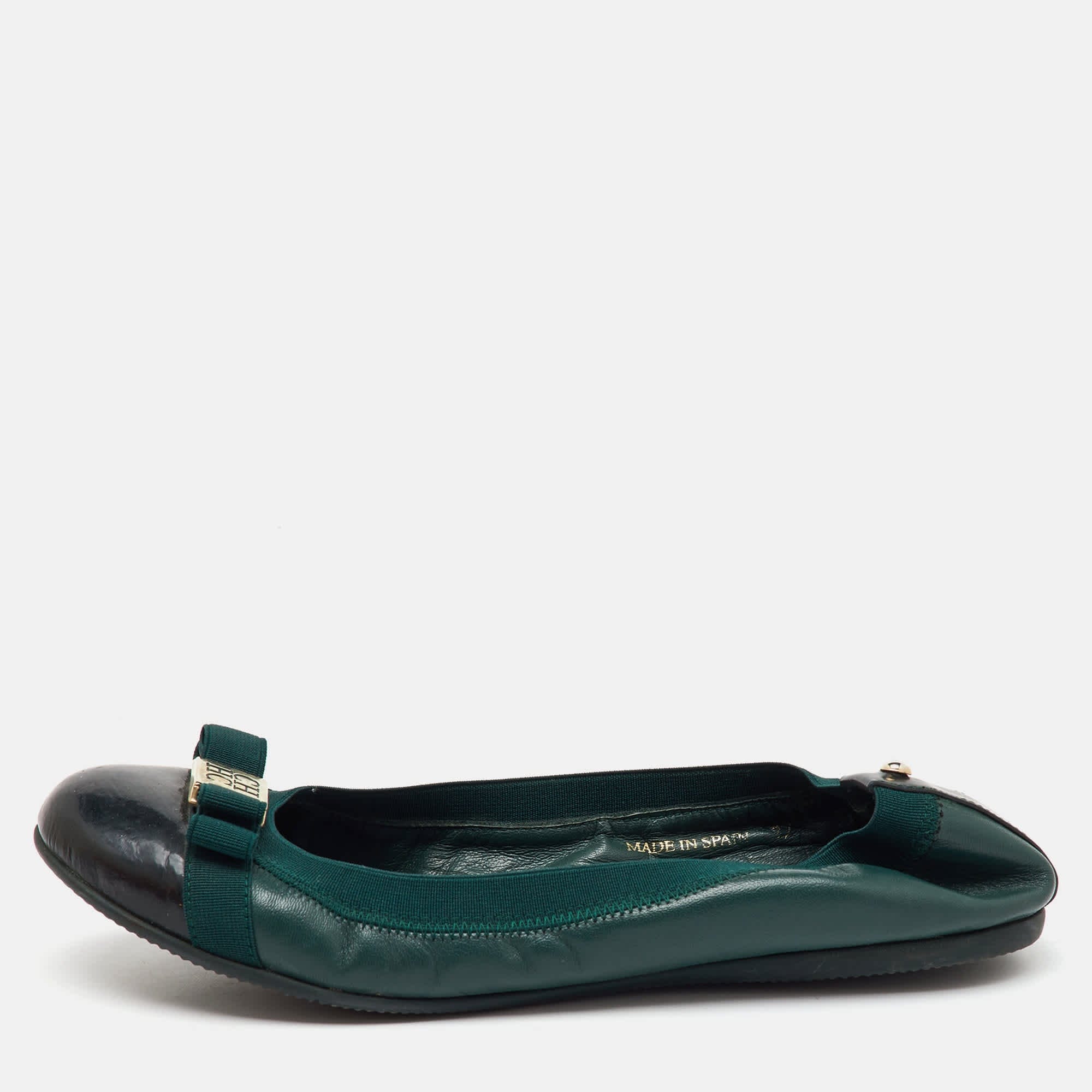 Ch Carolina Herrera Green/black Patent And Leather Bow Ballet Flats