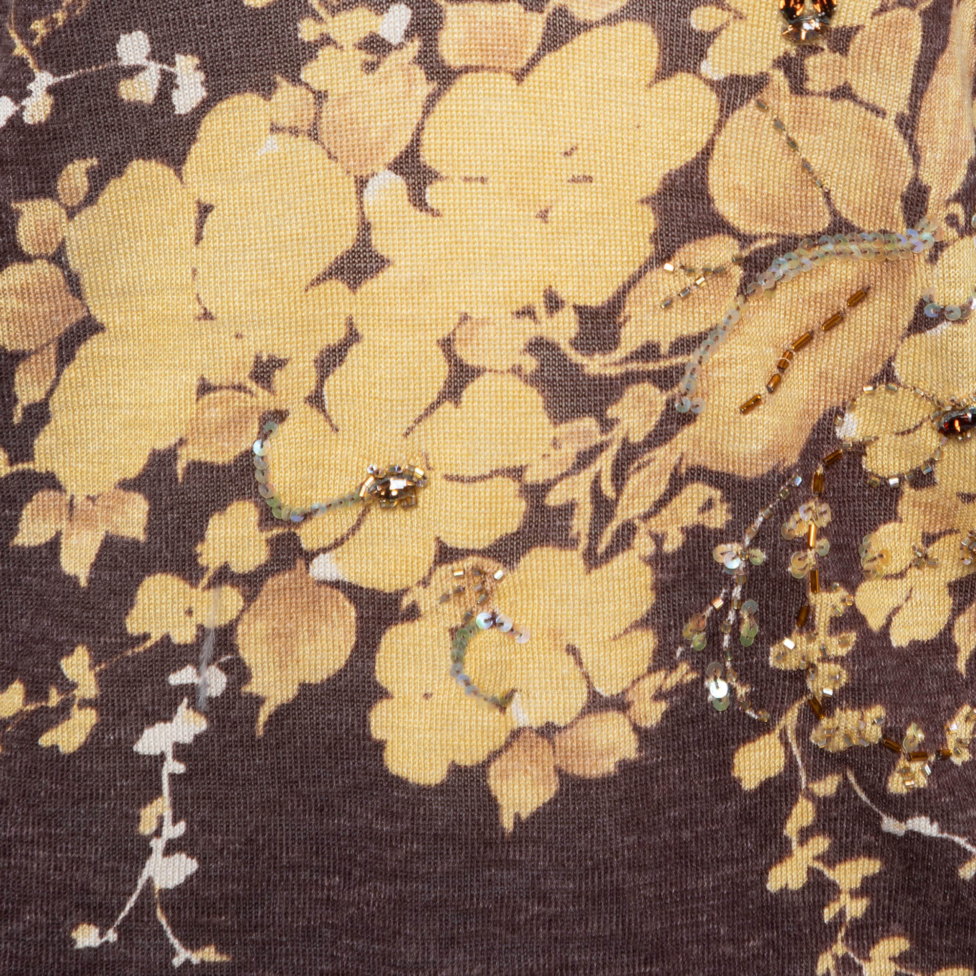 SILK Brown Floral Printed Silk & Linen Knit Embellished V - Neck Top