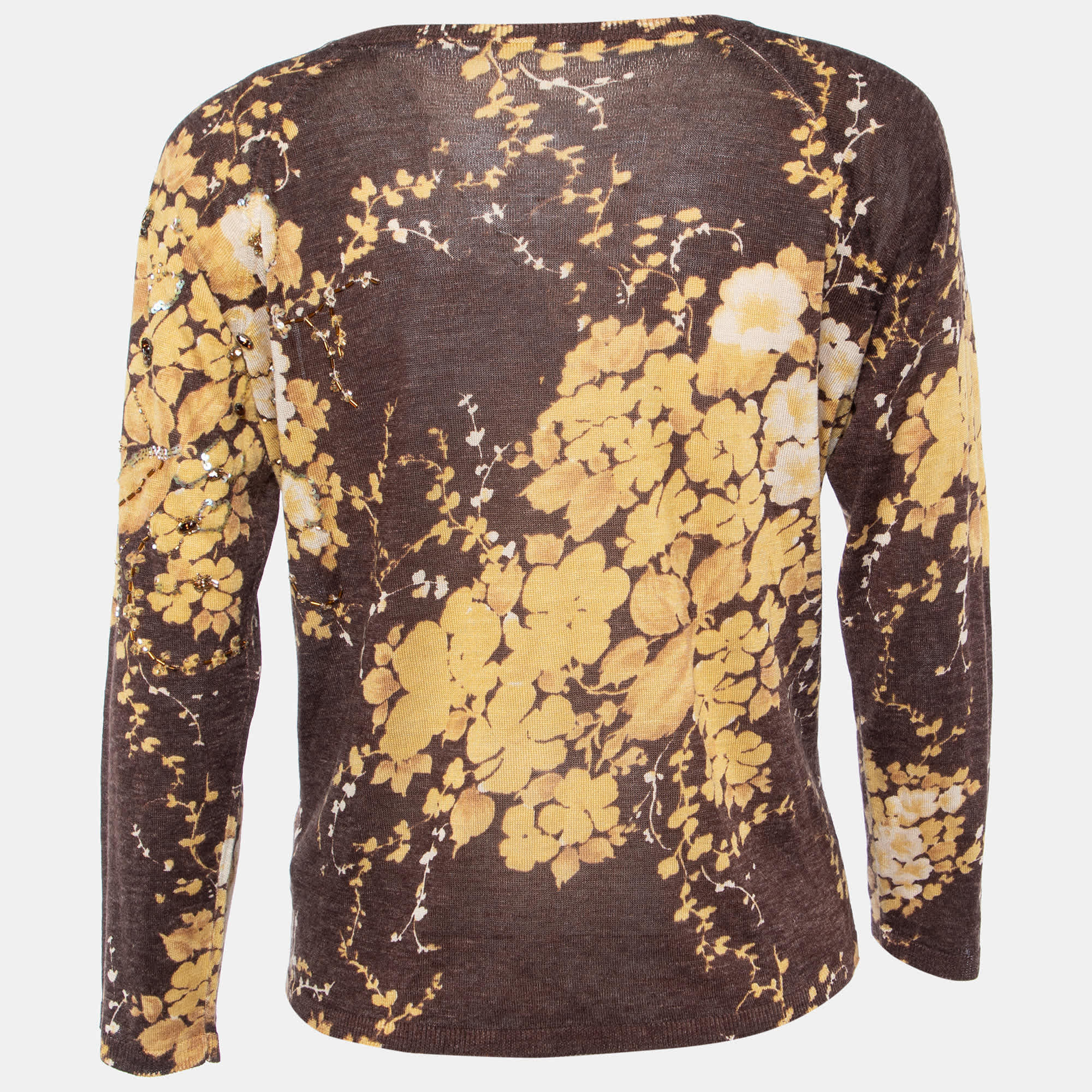 SILK Brown Floral Printed Silk & Linen Knit Embellished V - Neck Top