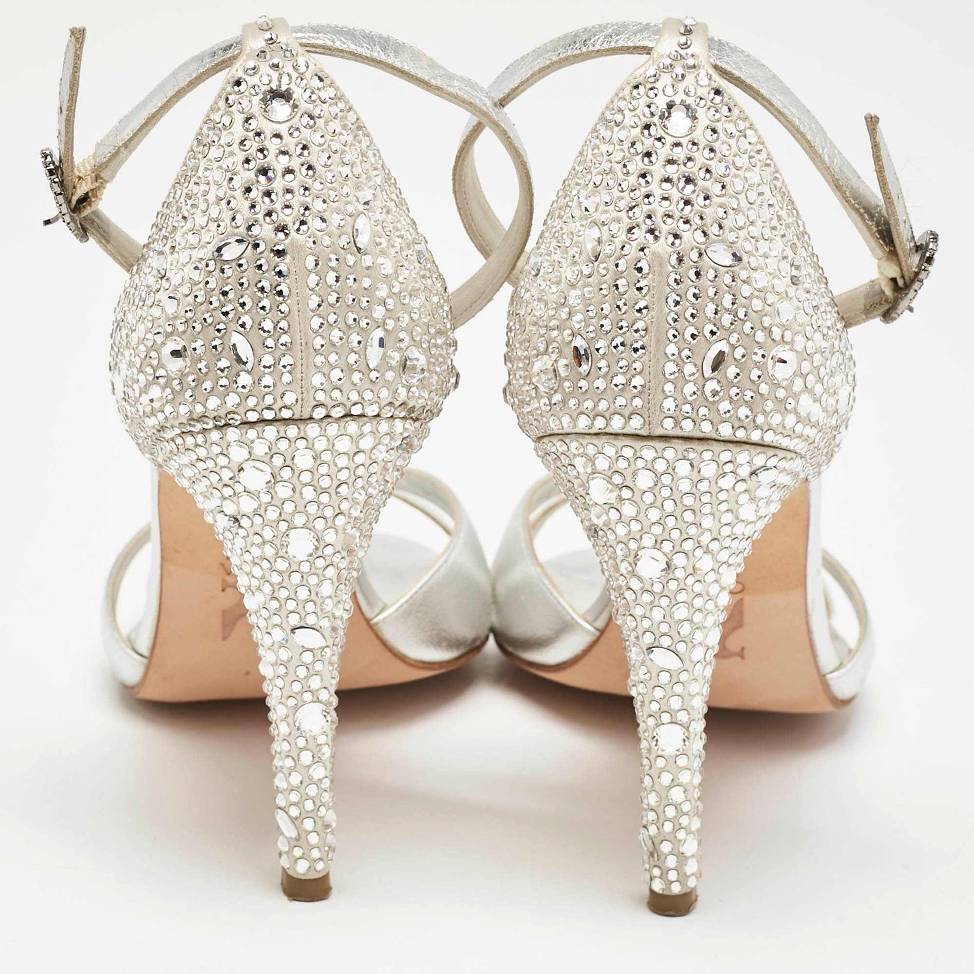 Gina Silver Leather Crystals Embellished Ankle Strap Sandals