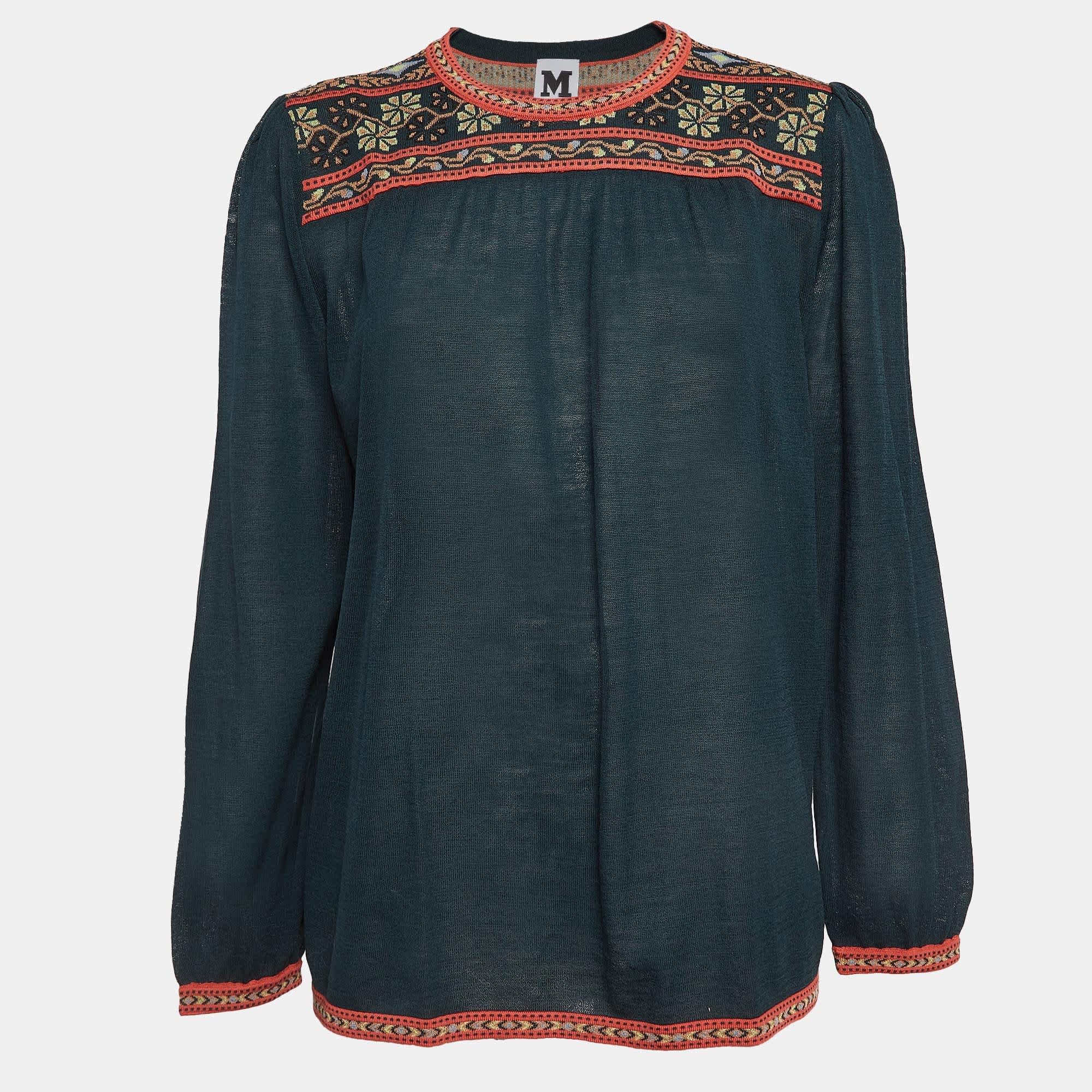 M Missoni Teal Green Floral Pattern Knit Long Sleeve Top
