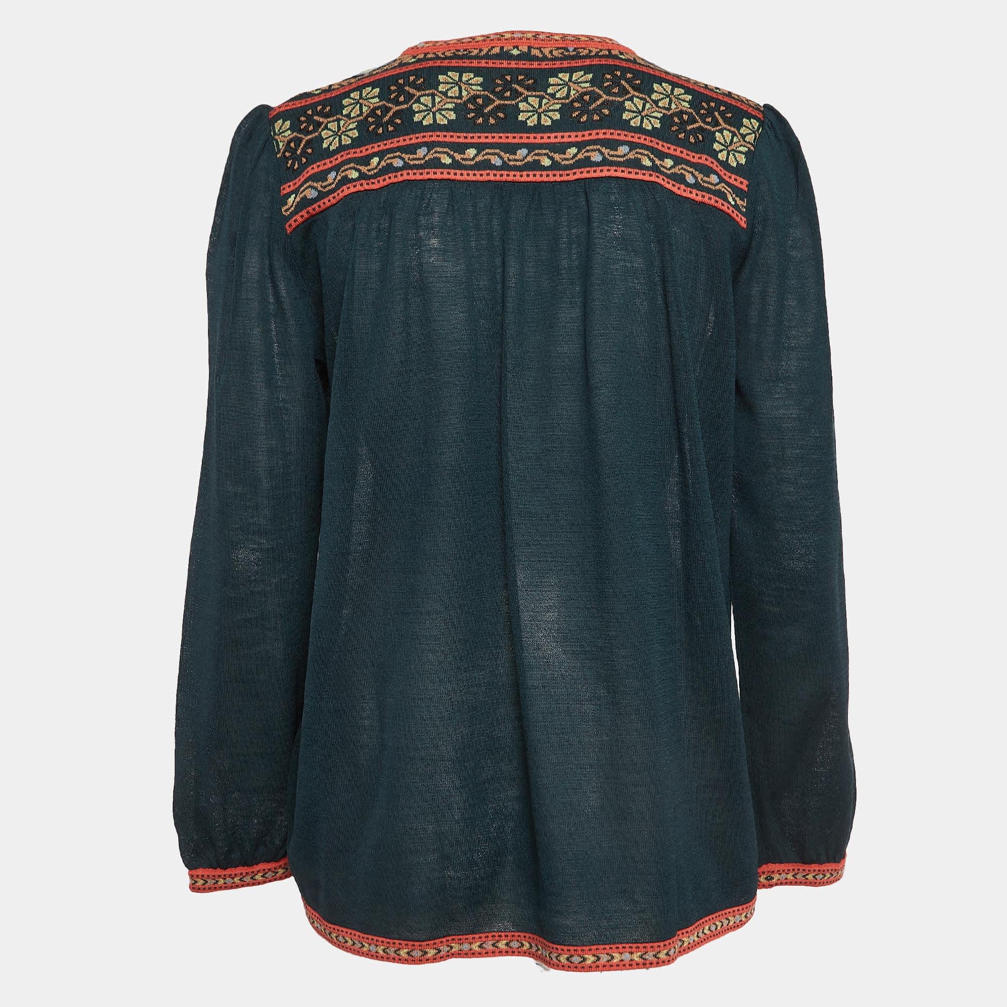 M Missoni Teal Green Floral Pattern Knit Long Sleeve Top