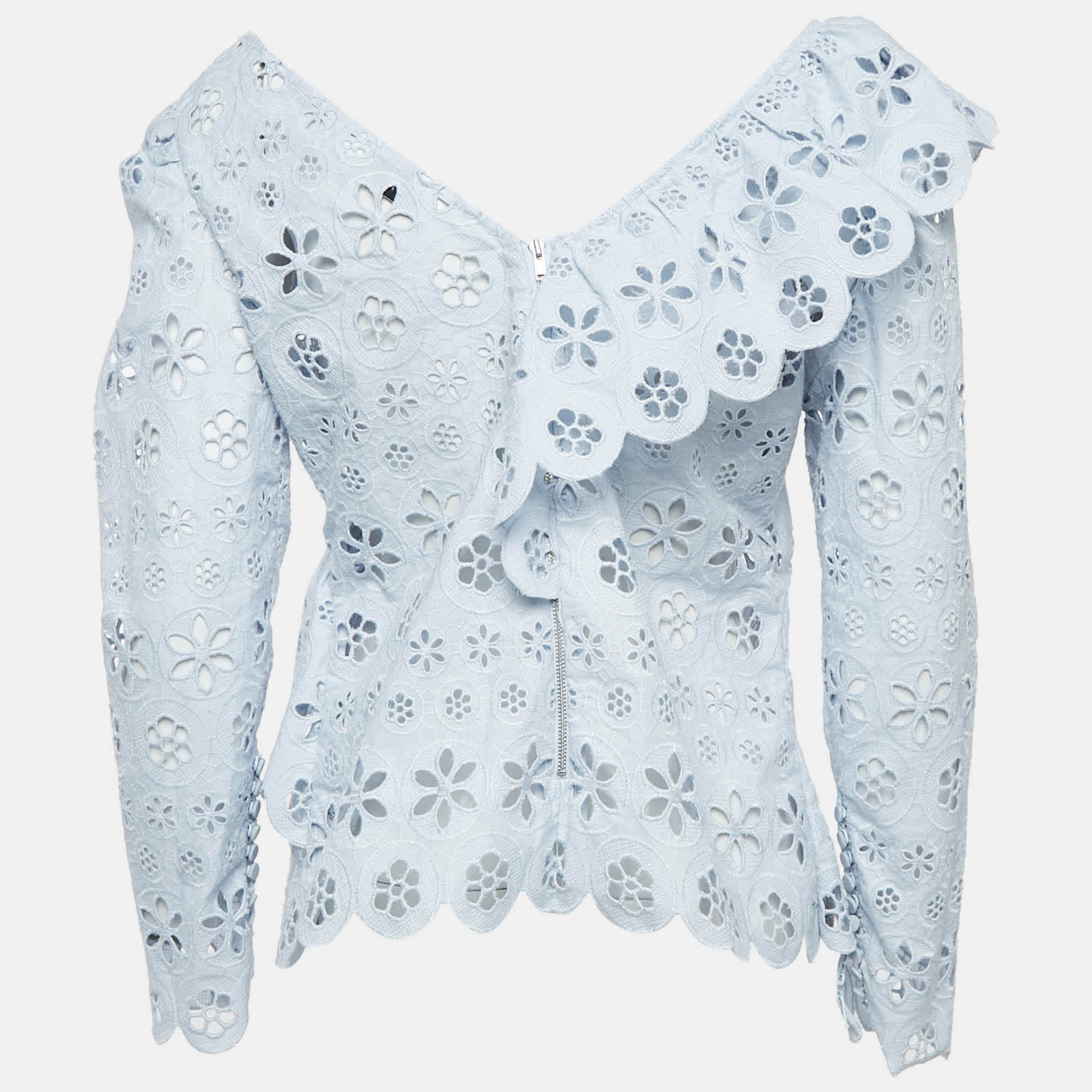Blue Schiffli Lace Ruffled Broderie Anglaise Top