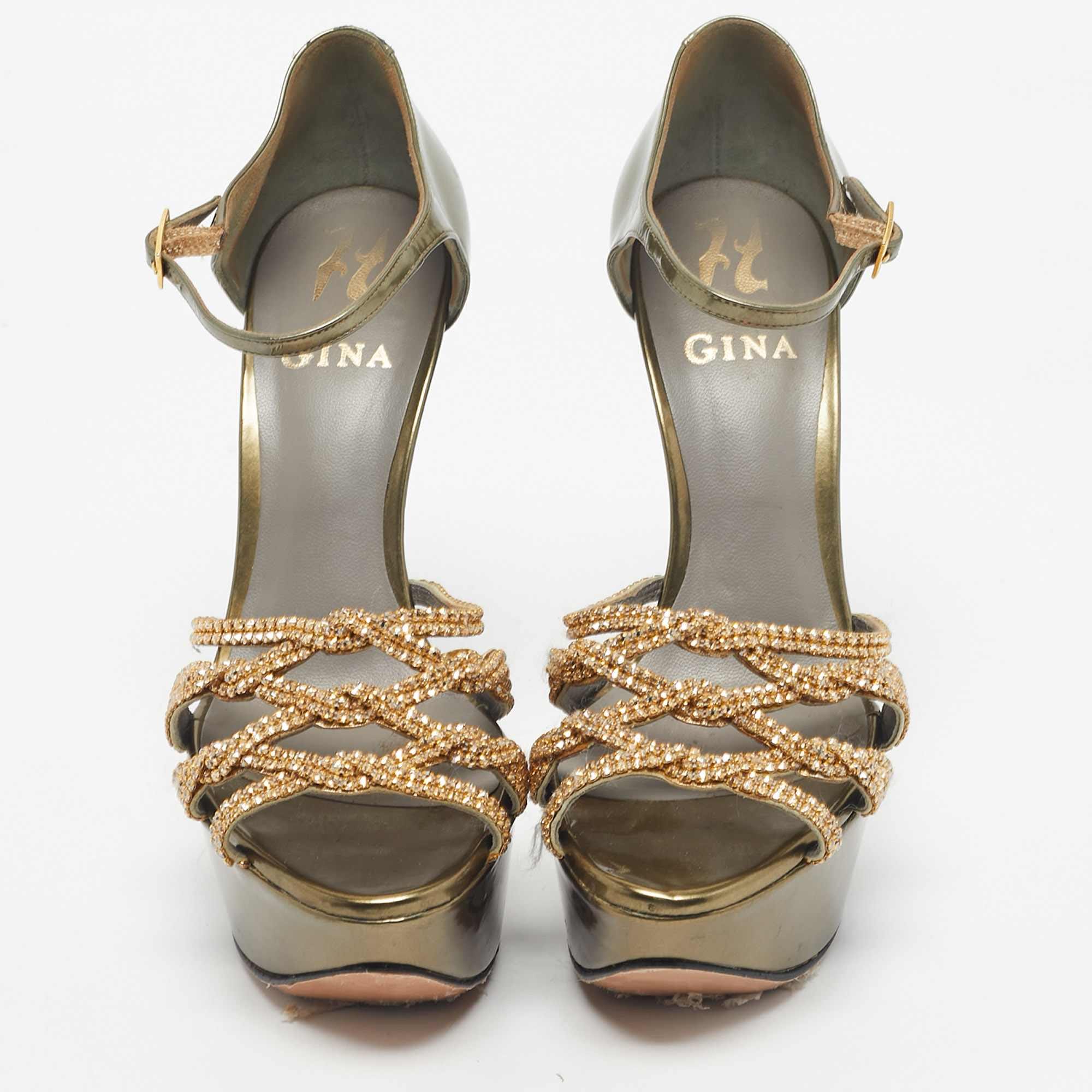 Gina Green Patent Leather Crystal Embellished Ankle Strap Platform Sandals