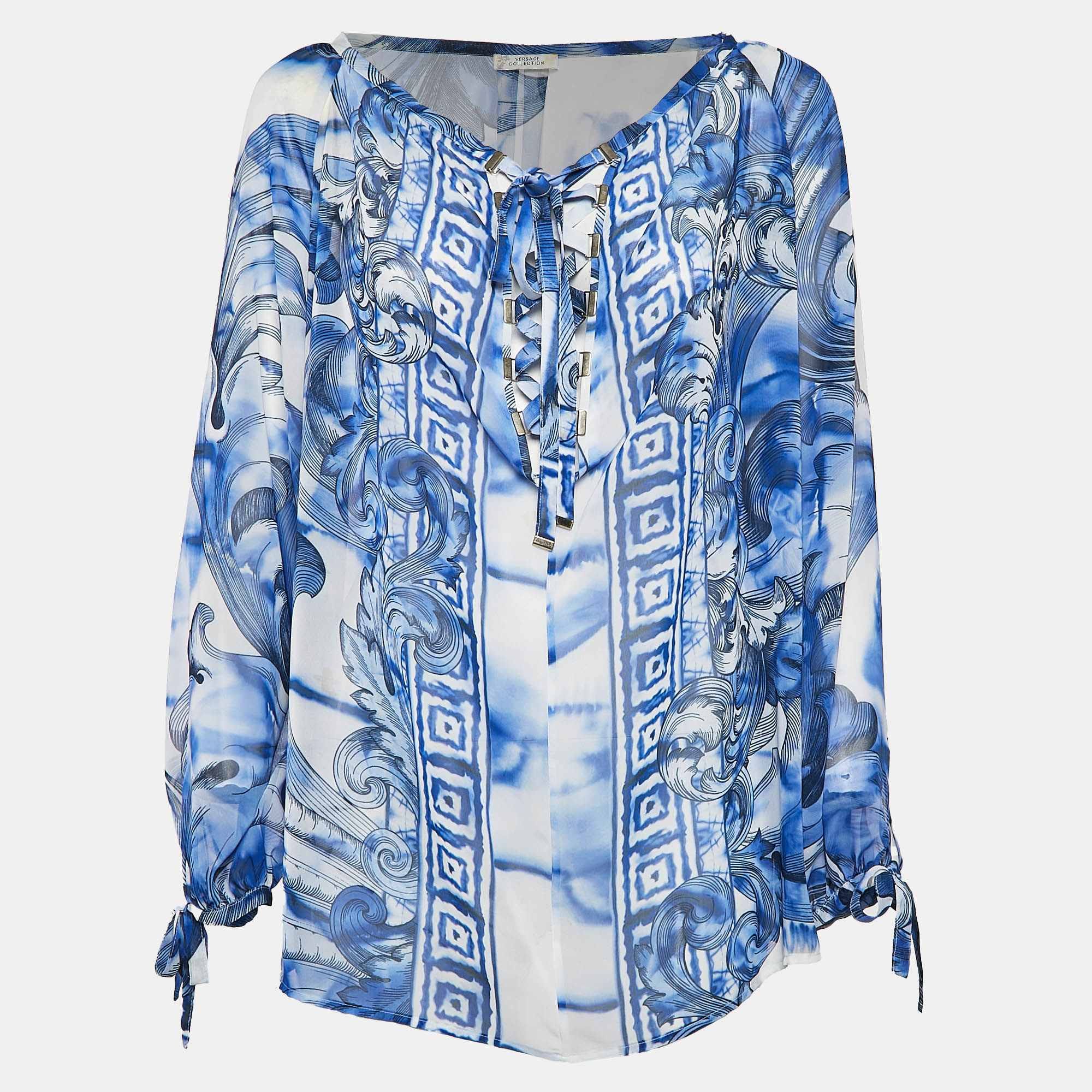 WHITE* Collection White/blue Printed Chiffon Lace - Up Top