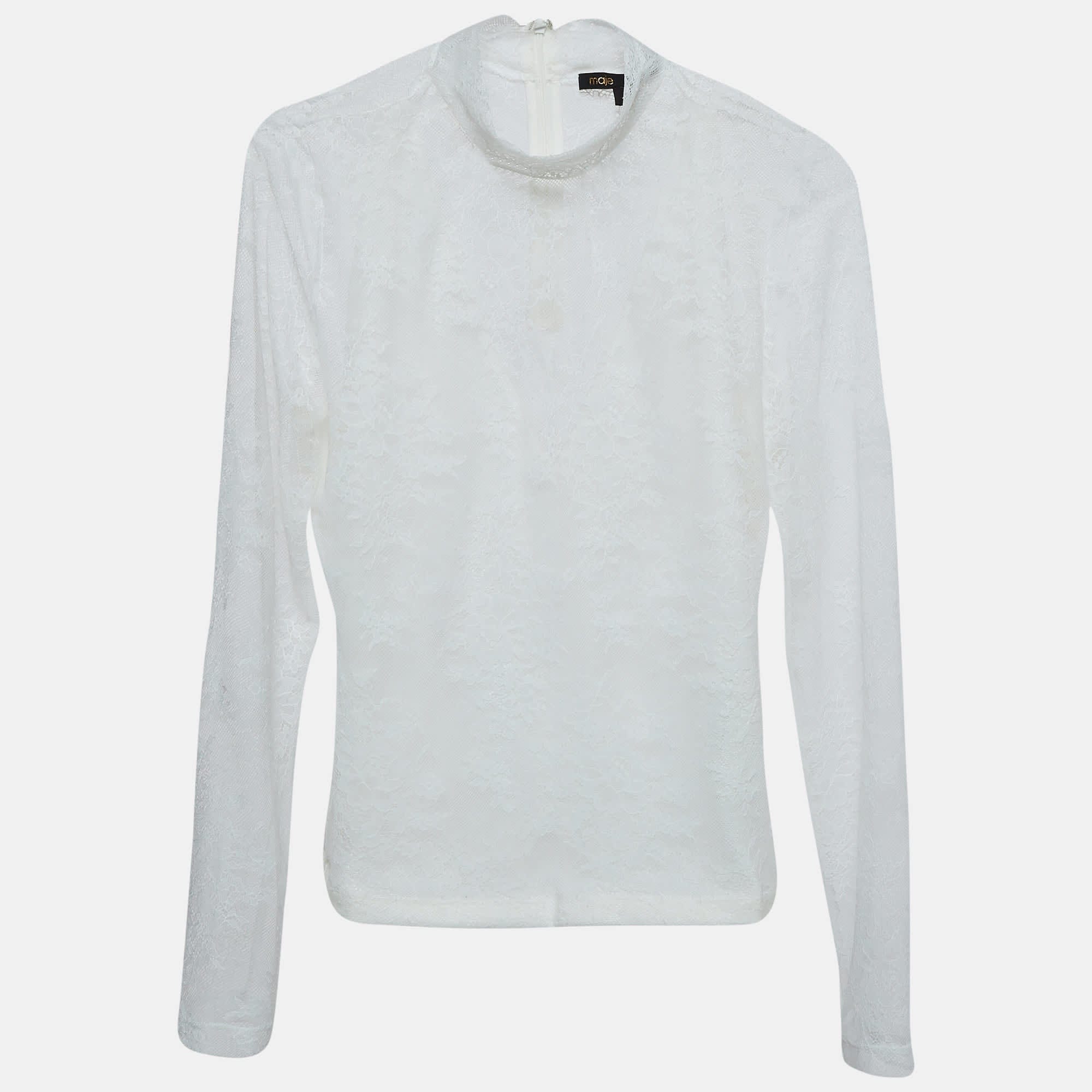WHITE* Maje White Floral Lace Semi Sheer Top
