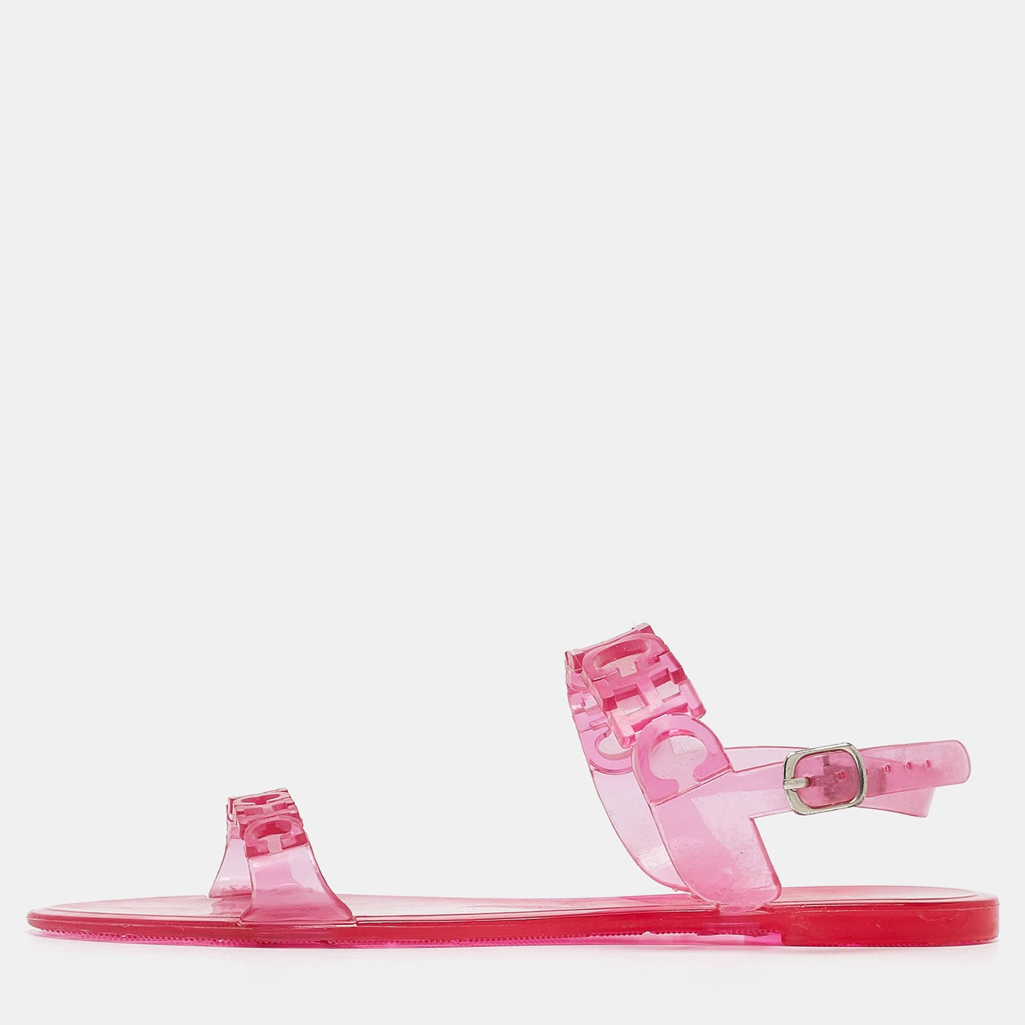 Ch Carolina Herrera Pink Jelly Ankle Strap Flat Sandals