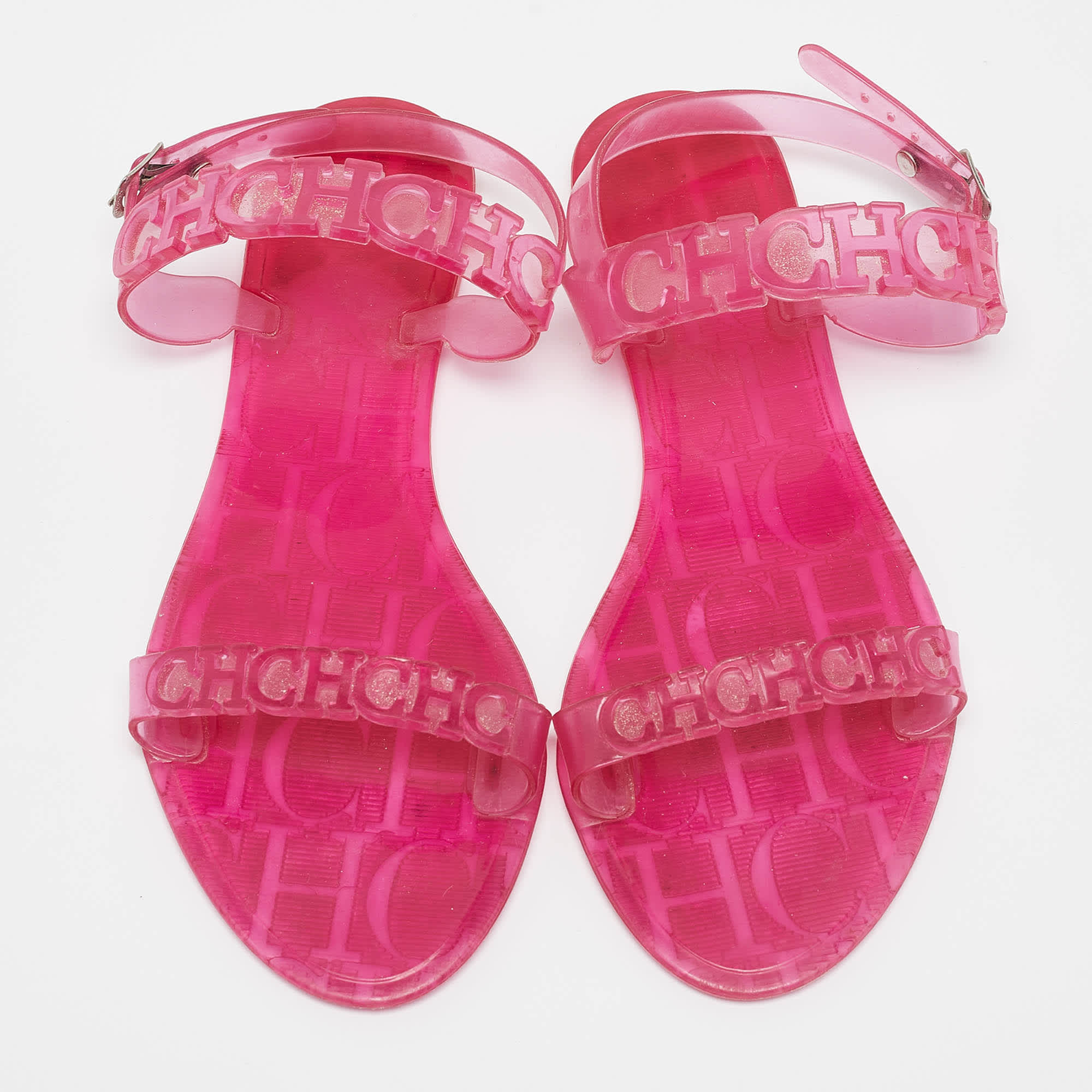 Ch Carolina Herrera Pink Jelly Ankle Strap Flat Sandals