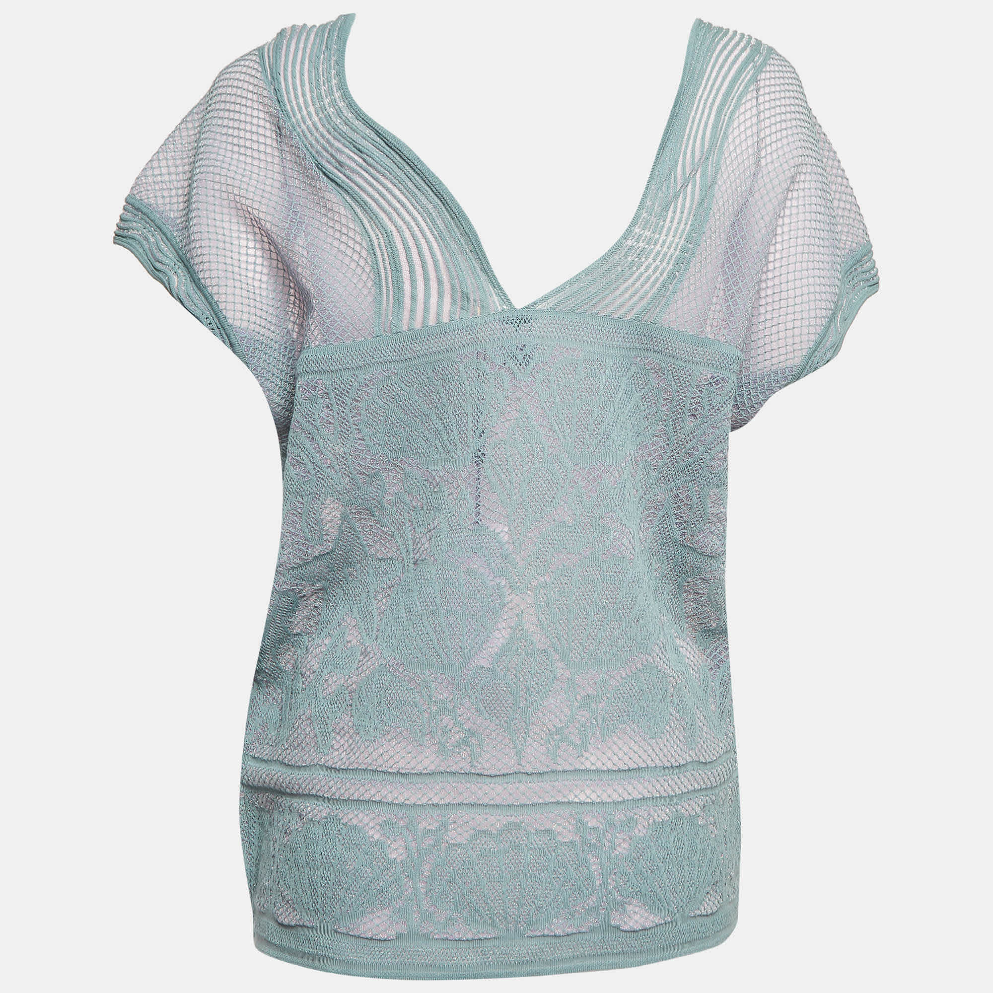 M Missoni Blue Sea Shell Pattern Lurex Knit Cap Sleeve Top