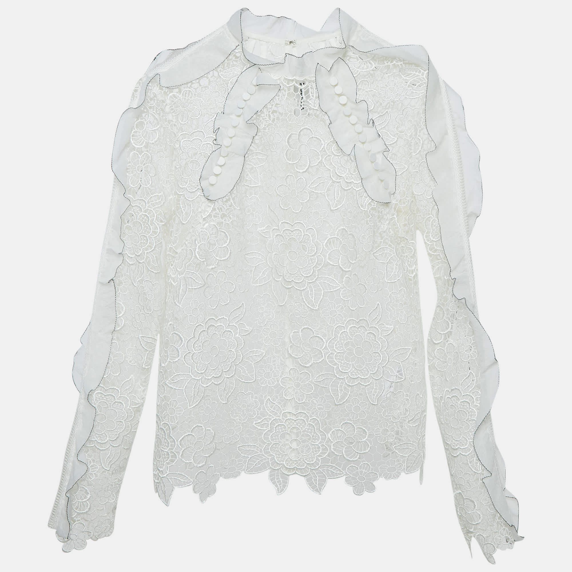 White Floral Guipure Lace Ruffled Full Sleeve Top