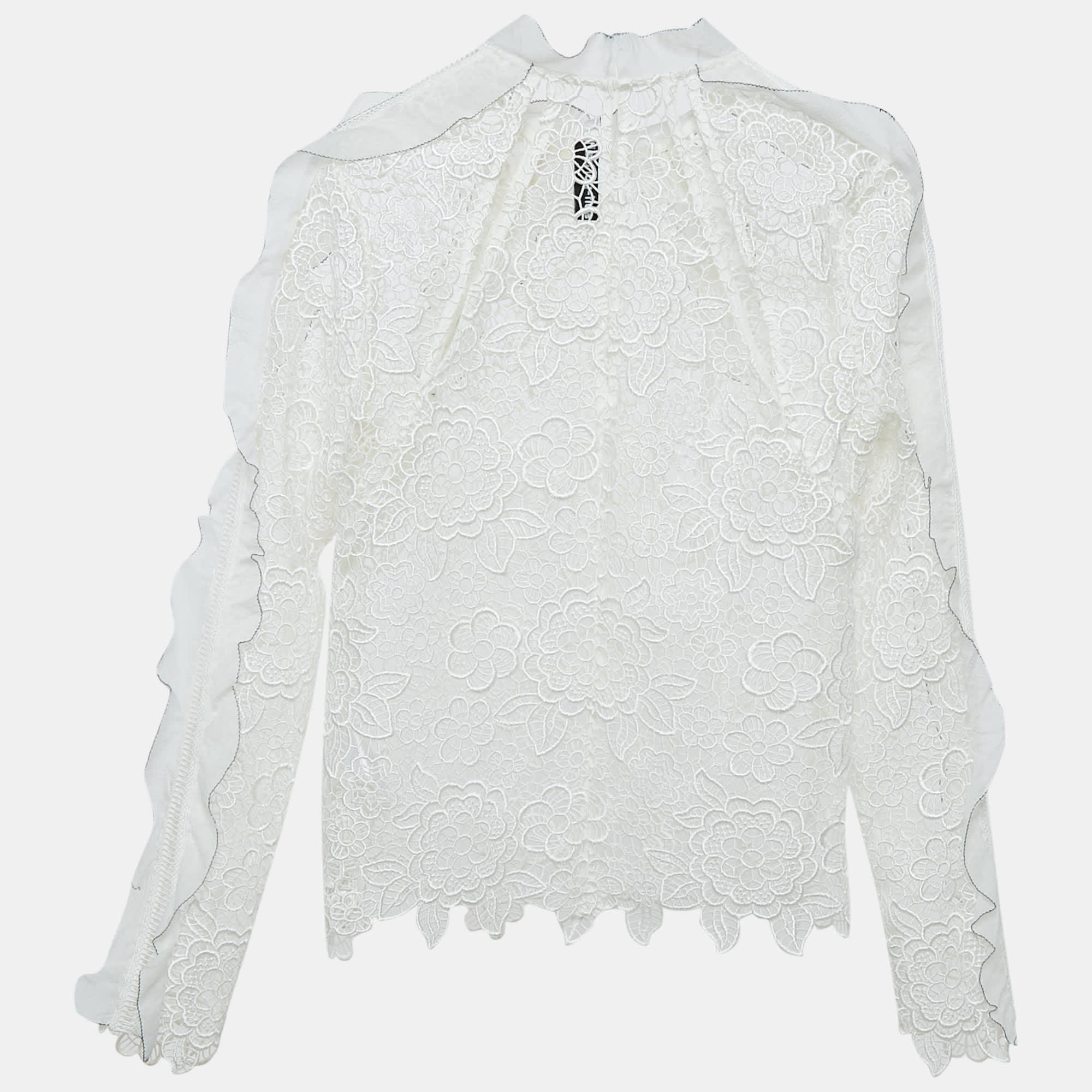 White Floral Guipure Lace Ruffled Full Sleeve Top