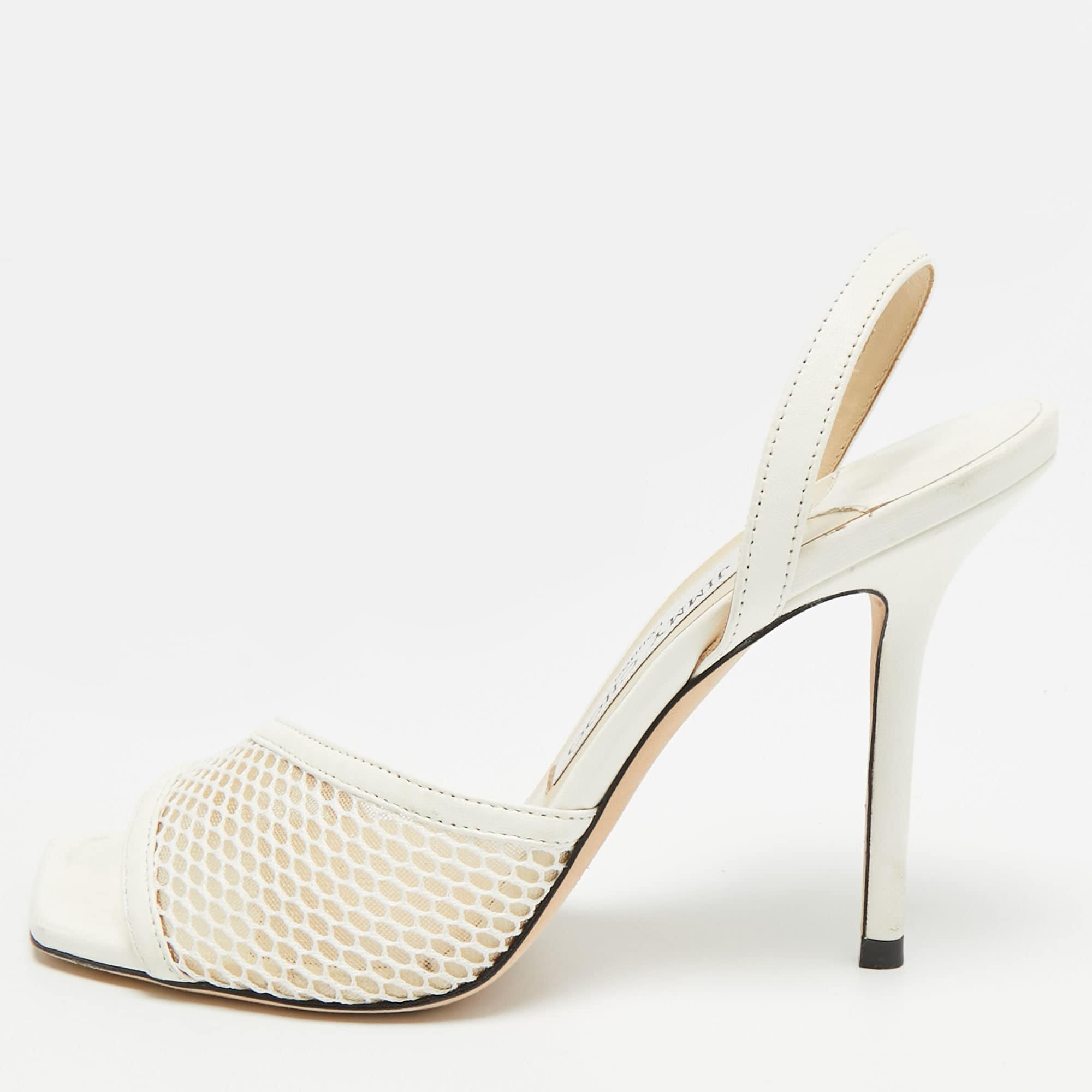 WHITE* Size 36.5 White Leather And Mesh Slingback Sandals