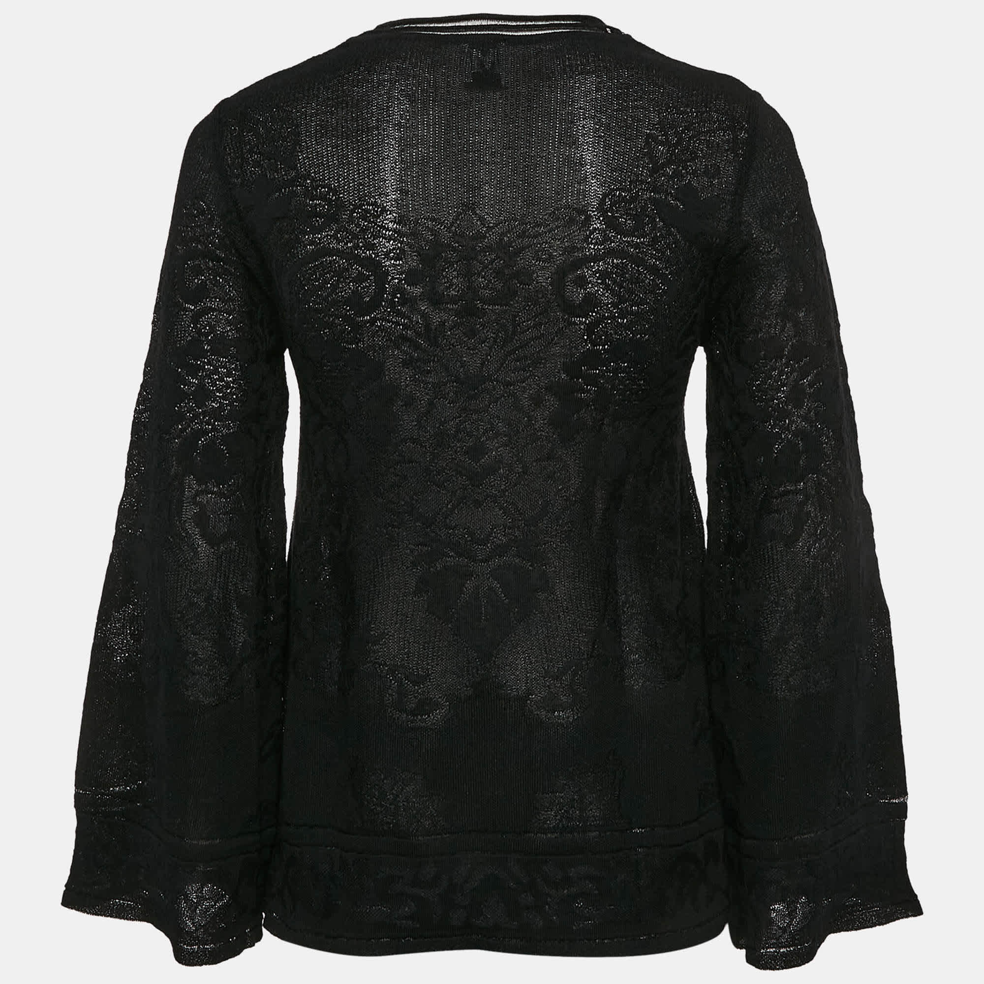 M Missoni Black Floral Knit Flared Long Sleeve Top