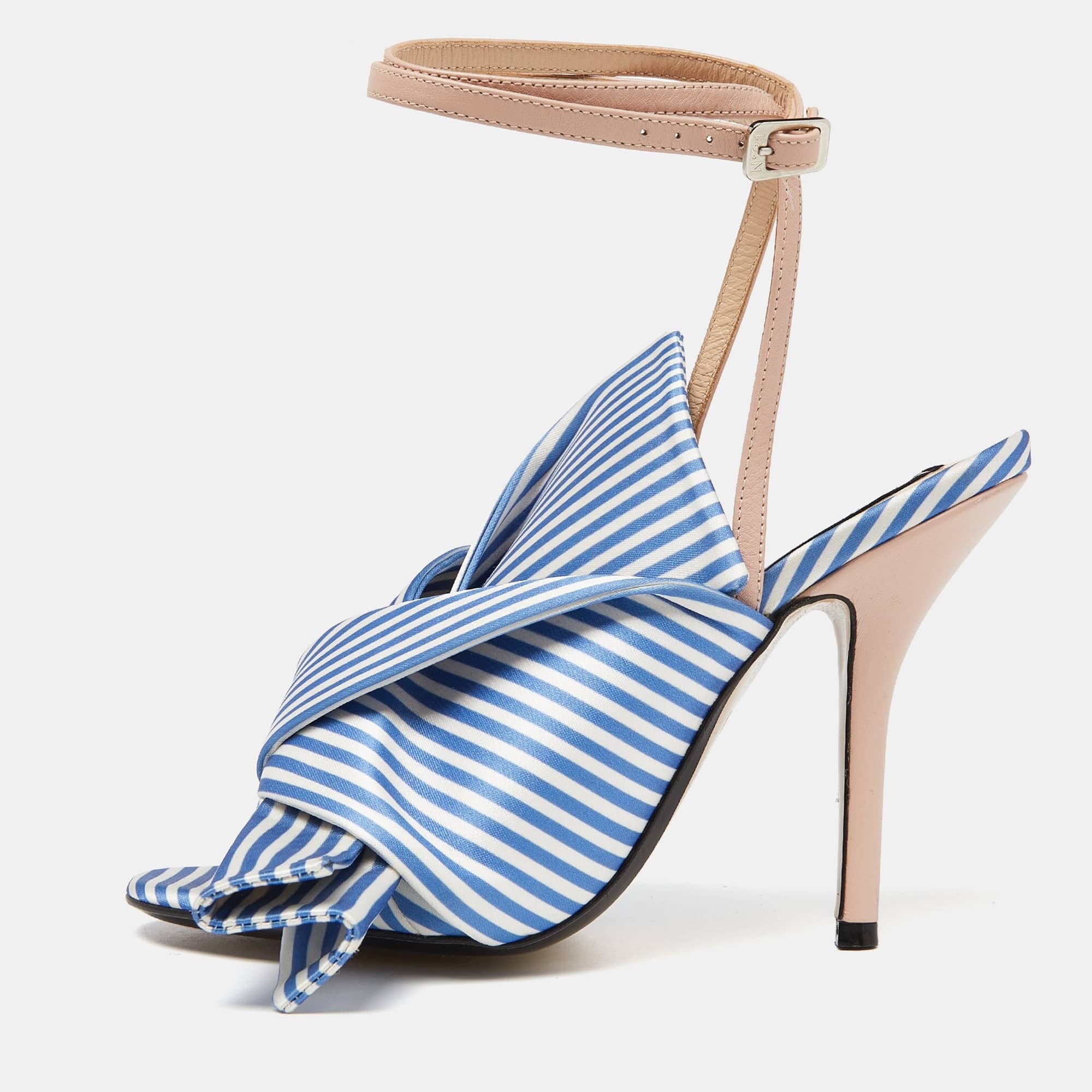N21 Tricolor Striped Satin And Leather Knotted Ankle Strap Sandals