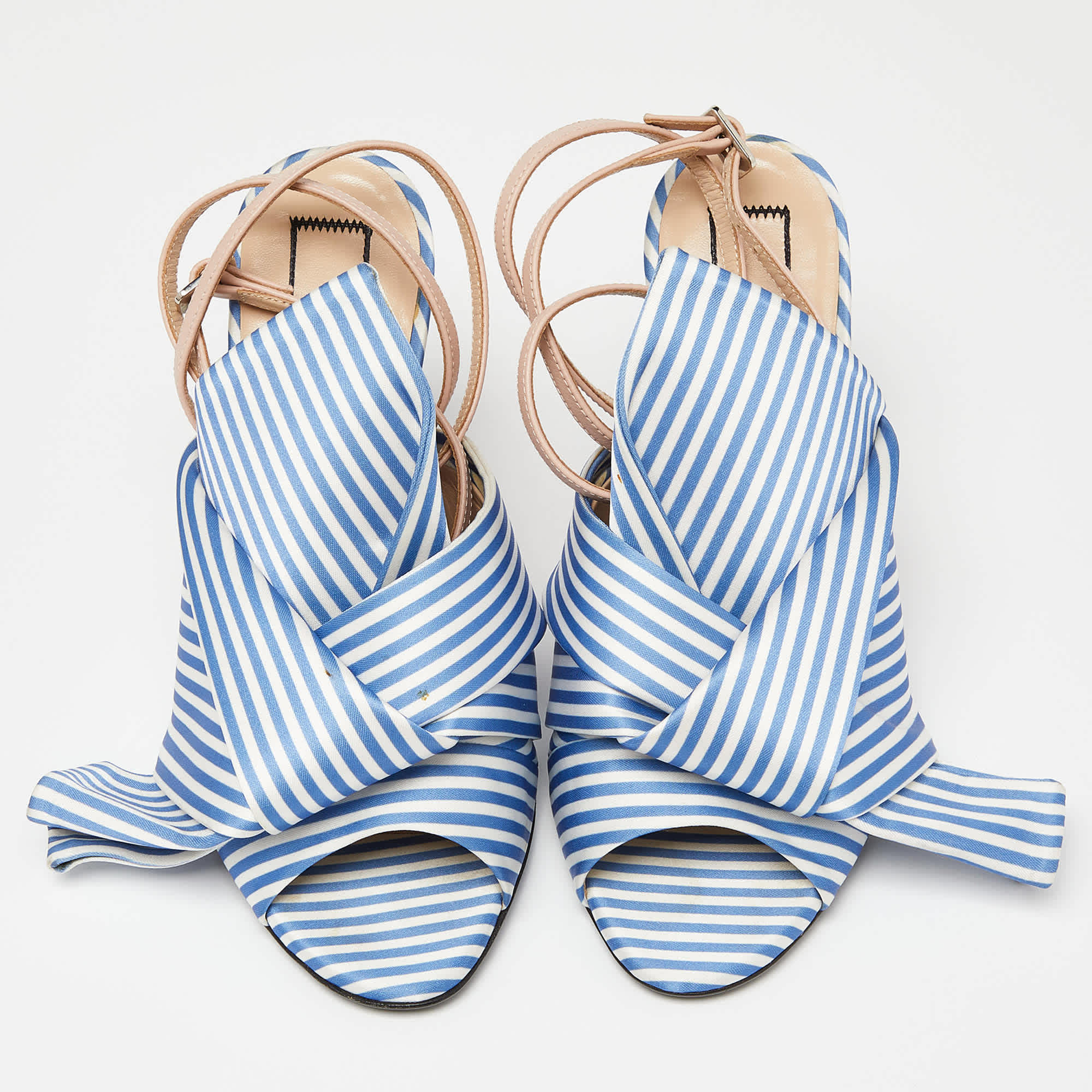 N21 Tricolor Striped Satin And Leather Knotted Ankle Strap Sandals