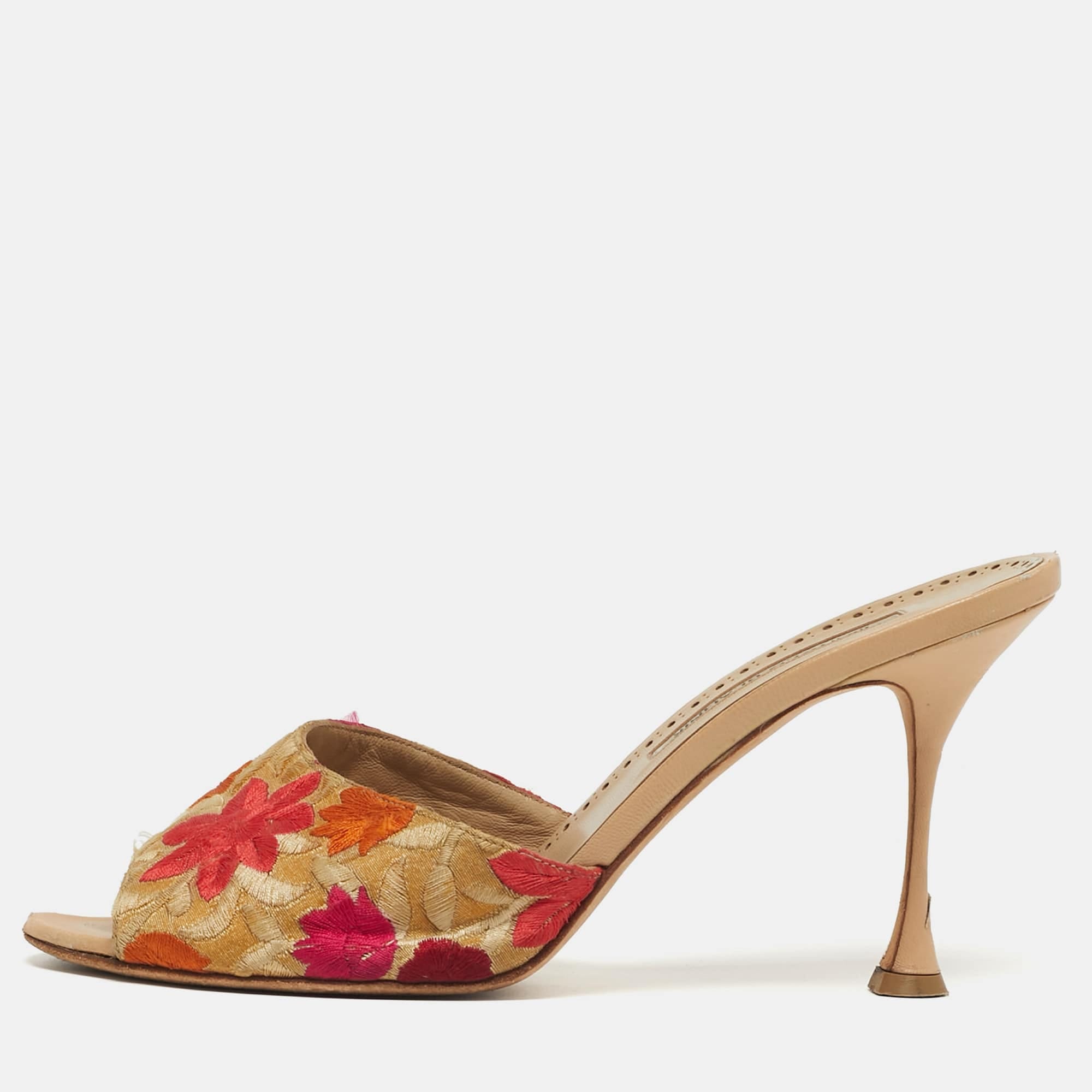 And Size 40 Multicolor Leather And Lurex Fabric Slide Sandals