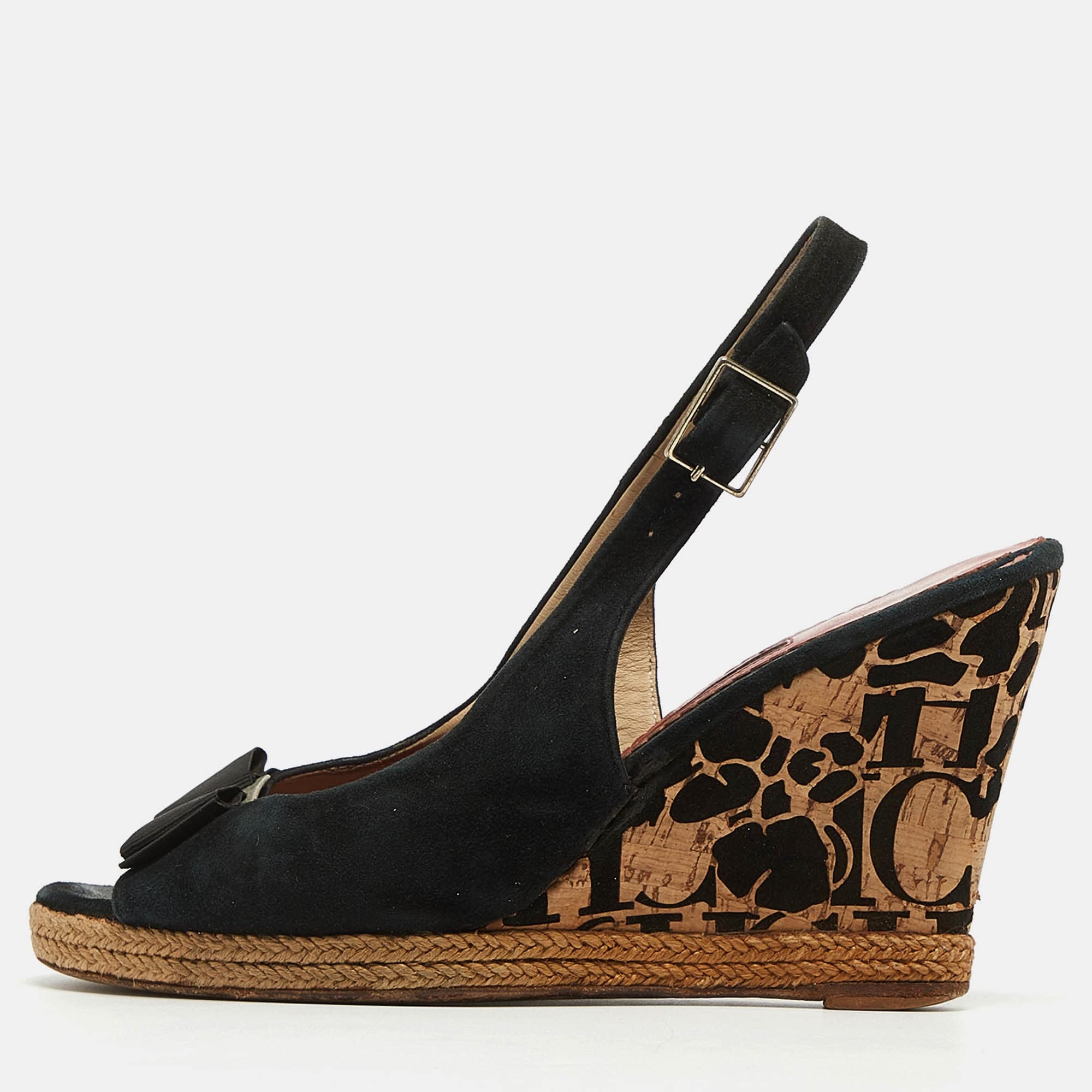 Ch Carolina Herrera Black Suede Bow Cork Wedge Slingback Sandals