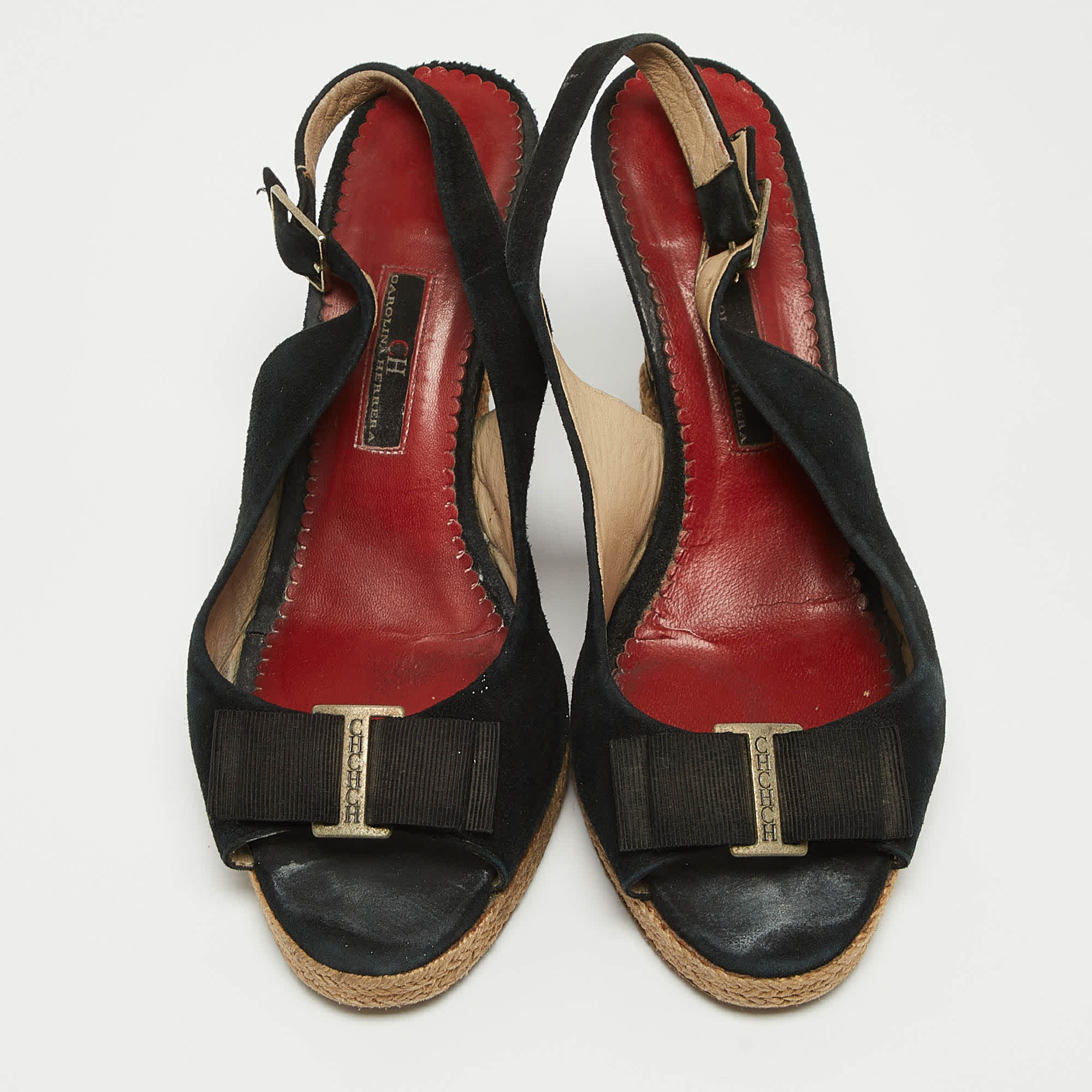 Ch Carolina Herrera Black Suede Bow Cork Wedge Slingback Sandals