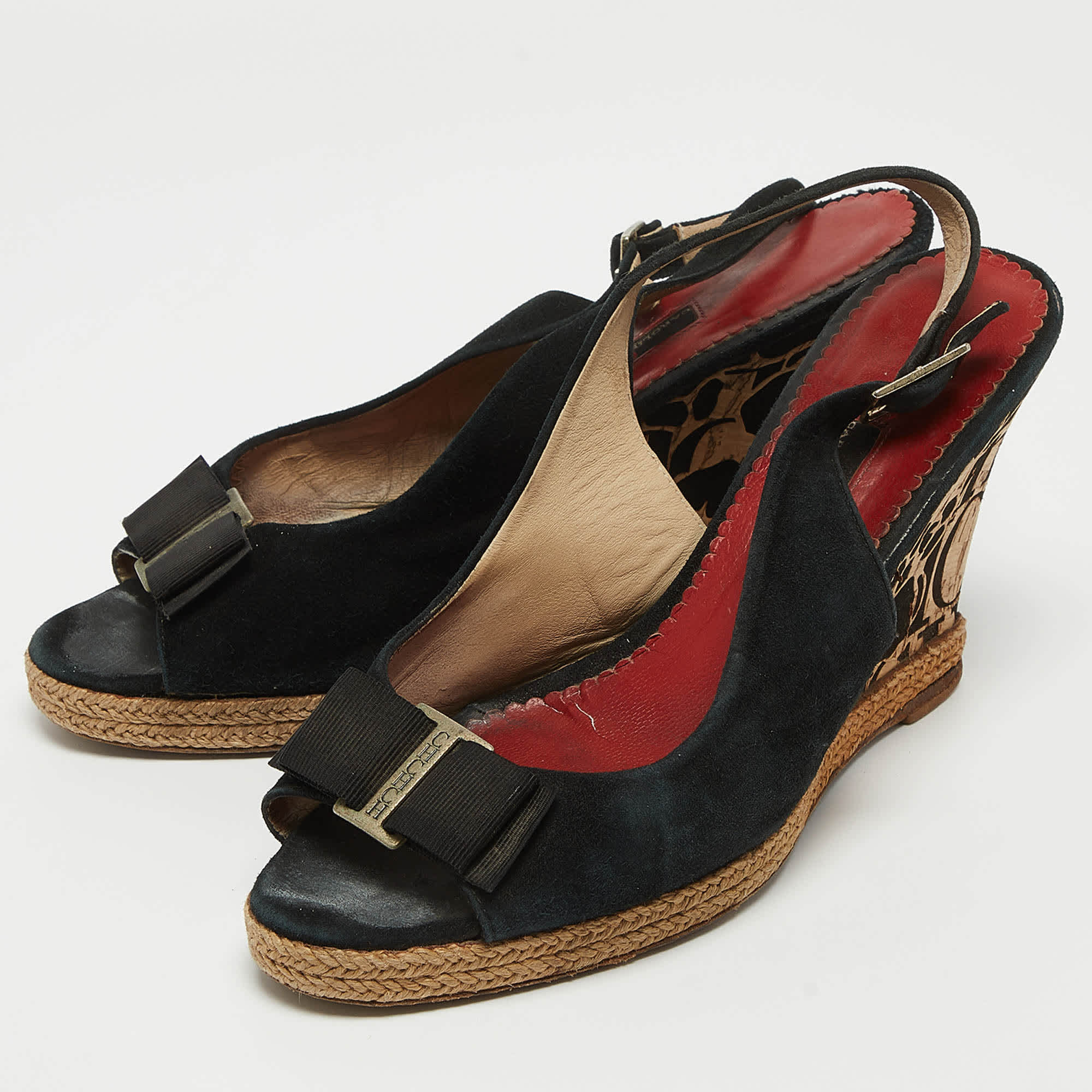 Ch Carolina Herrera Black Suede Bow Cork Wedge Slingback Sandals