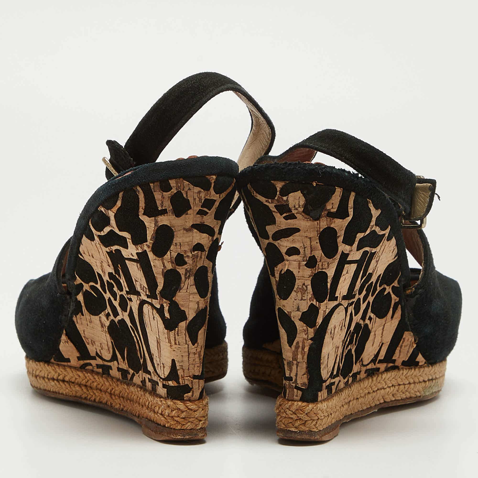 Ch Carolina Herrera Black Suede Bow Cork Wedge Slingback Sandals