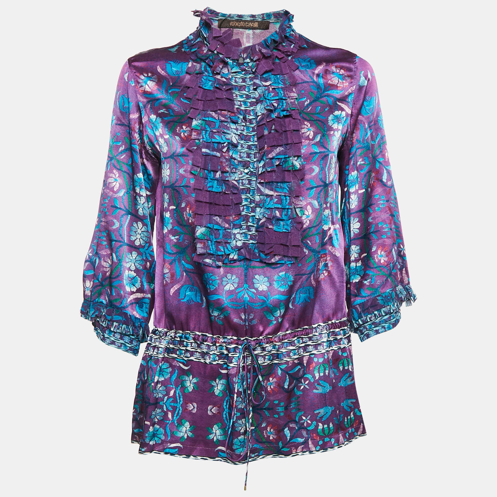 Purple Floral Print Silk Ruffled Top