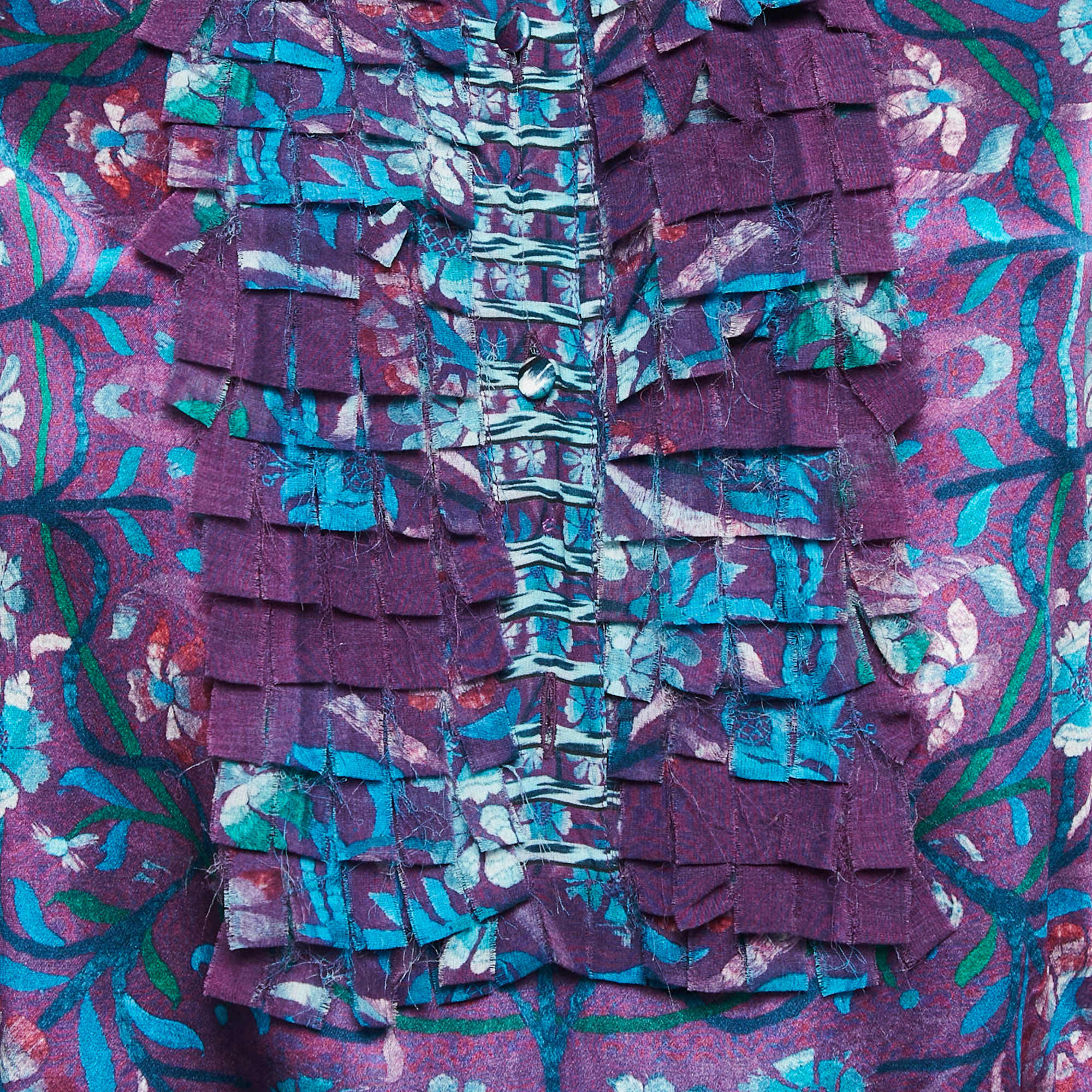 Purple Floral Print Silk Ruffled Top