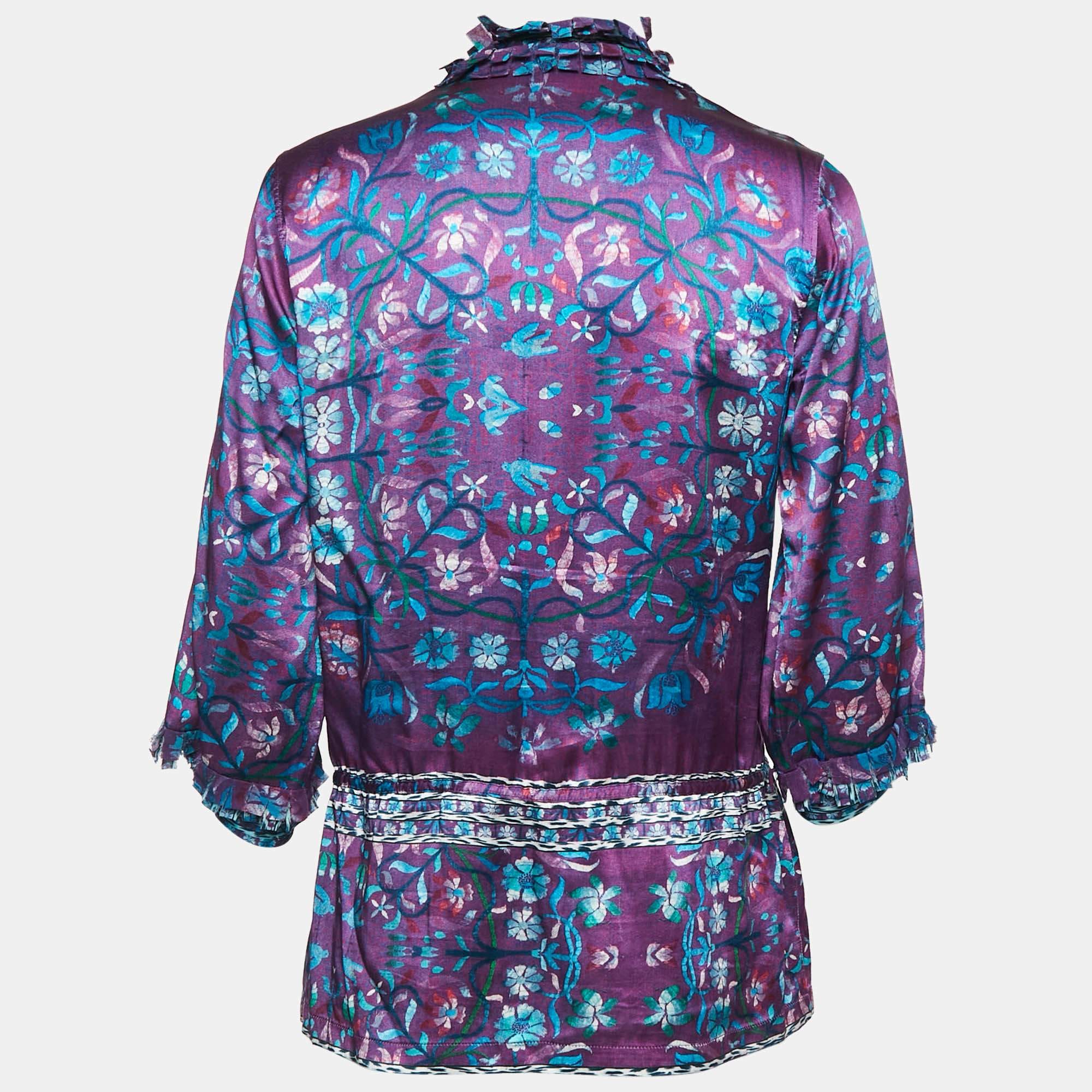 Purple Floral Print Silk Ruffled Top