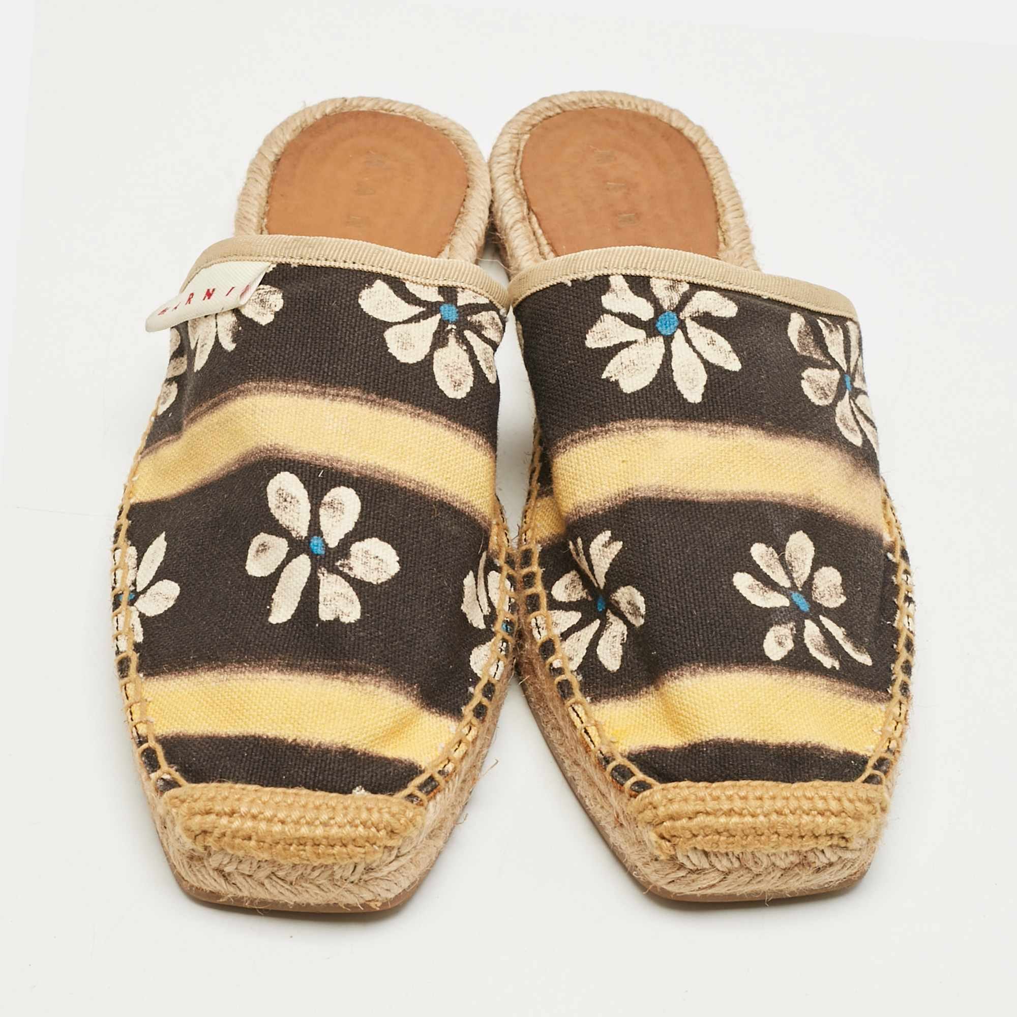 Yellow Marni Black/yellow Floral Print Canvas Espadrille Flats