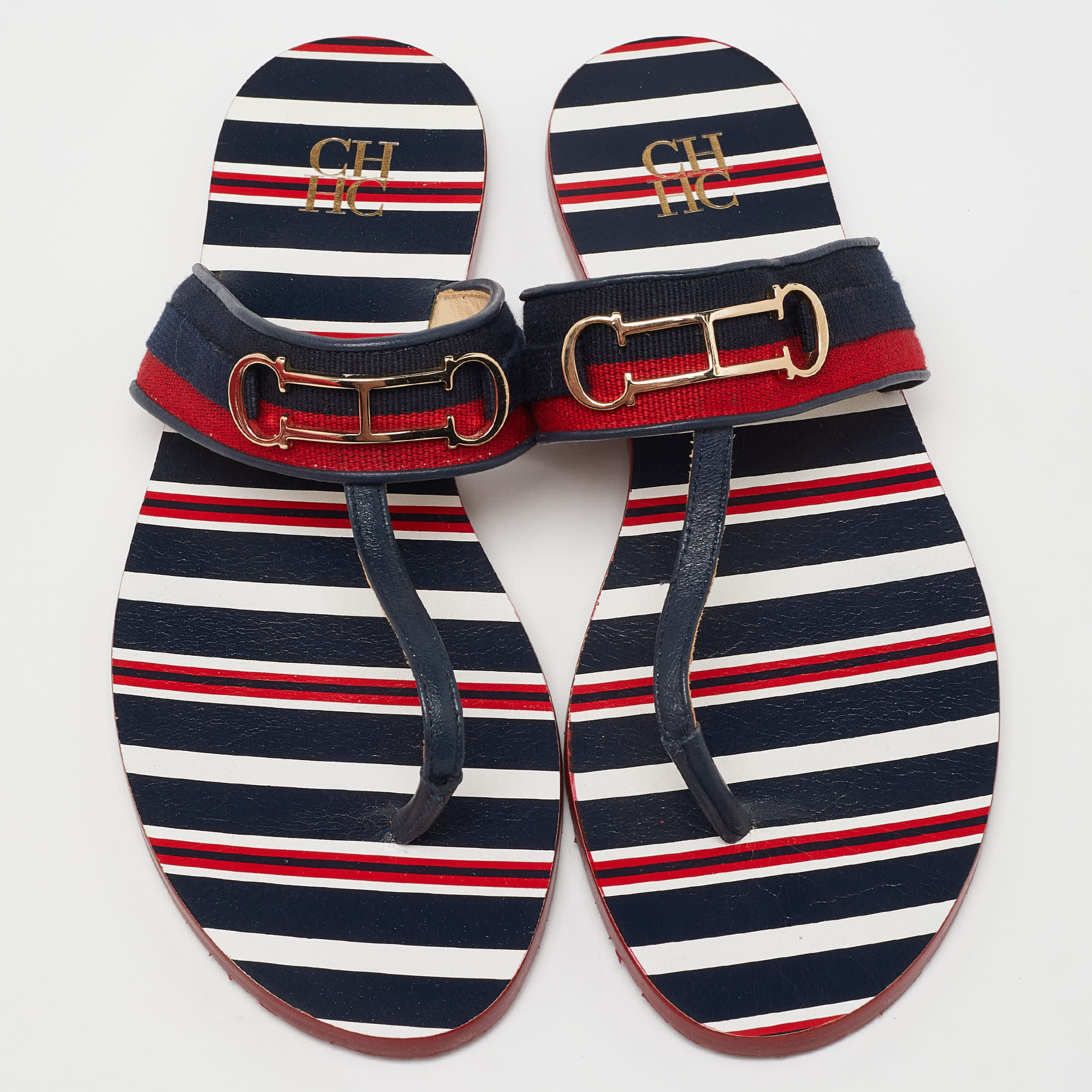 Ch Carolina Herrera Multicolor Canvas And Leather Thong Flats