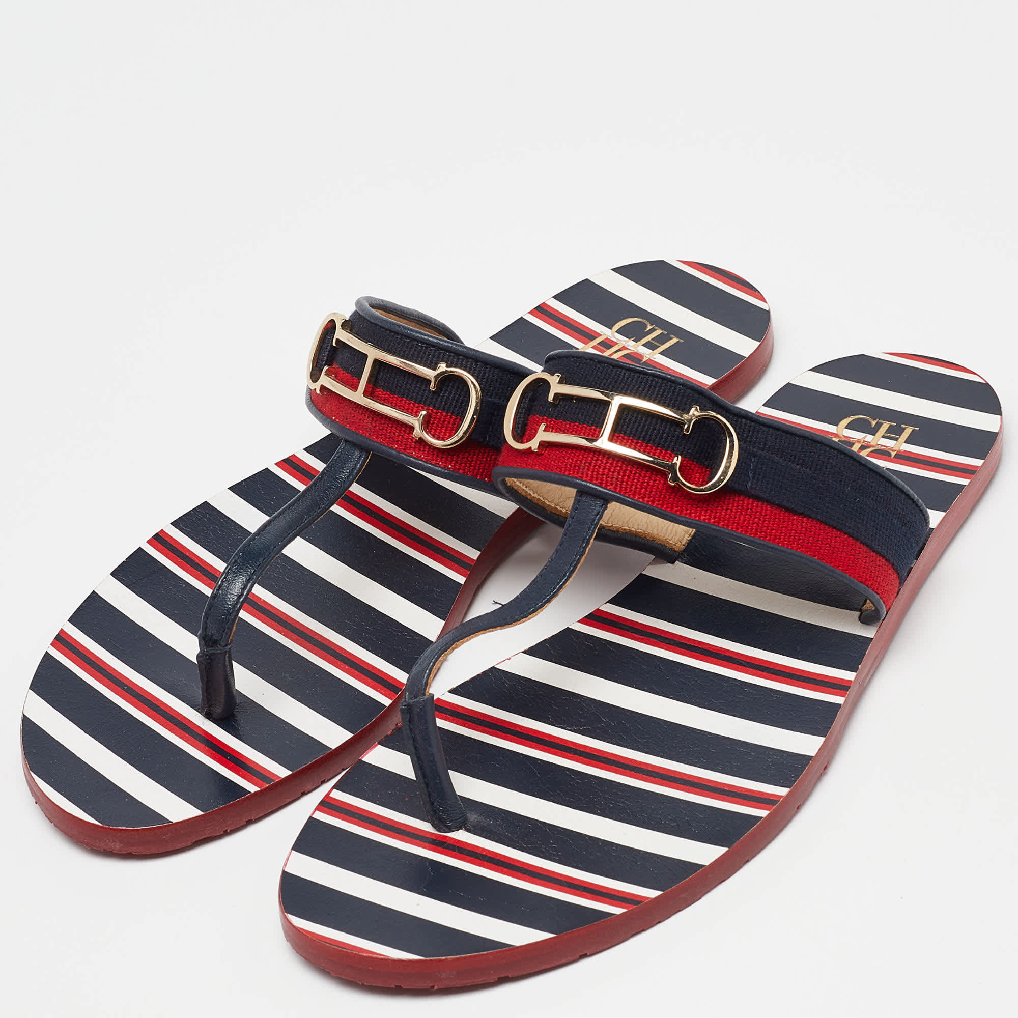 Ch Carolina Herrera Multicolor Canvas And Leather Thong Flats