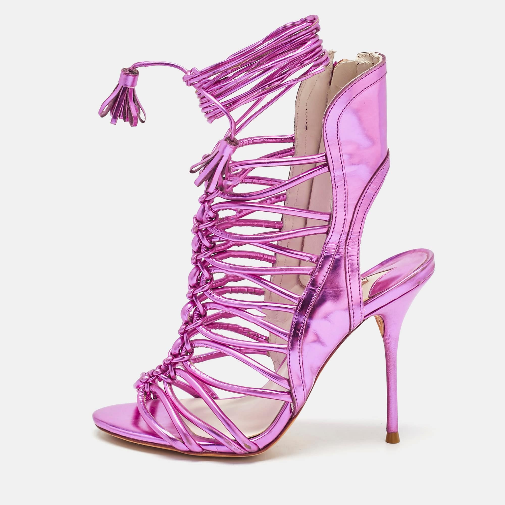 Sophia Webster Metallic Purple Leather Lacey Tie Up Sandals