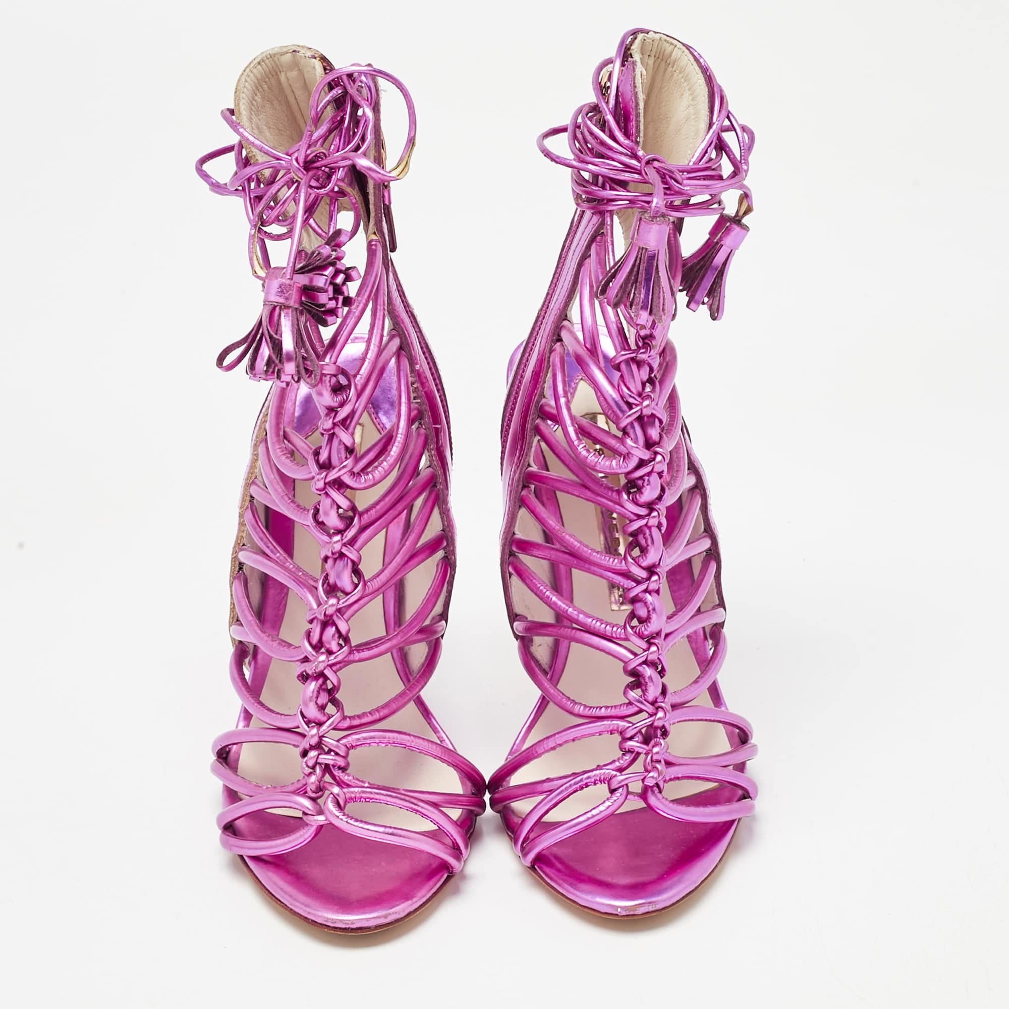Sophia Webster Metallic Purple Leather Lacey Tie Up Sandals