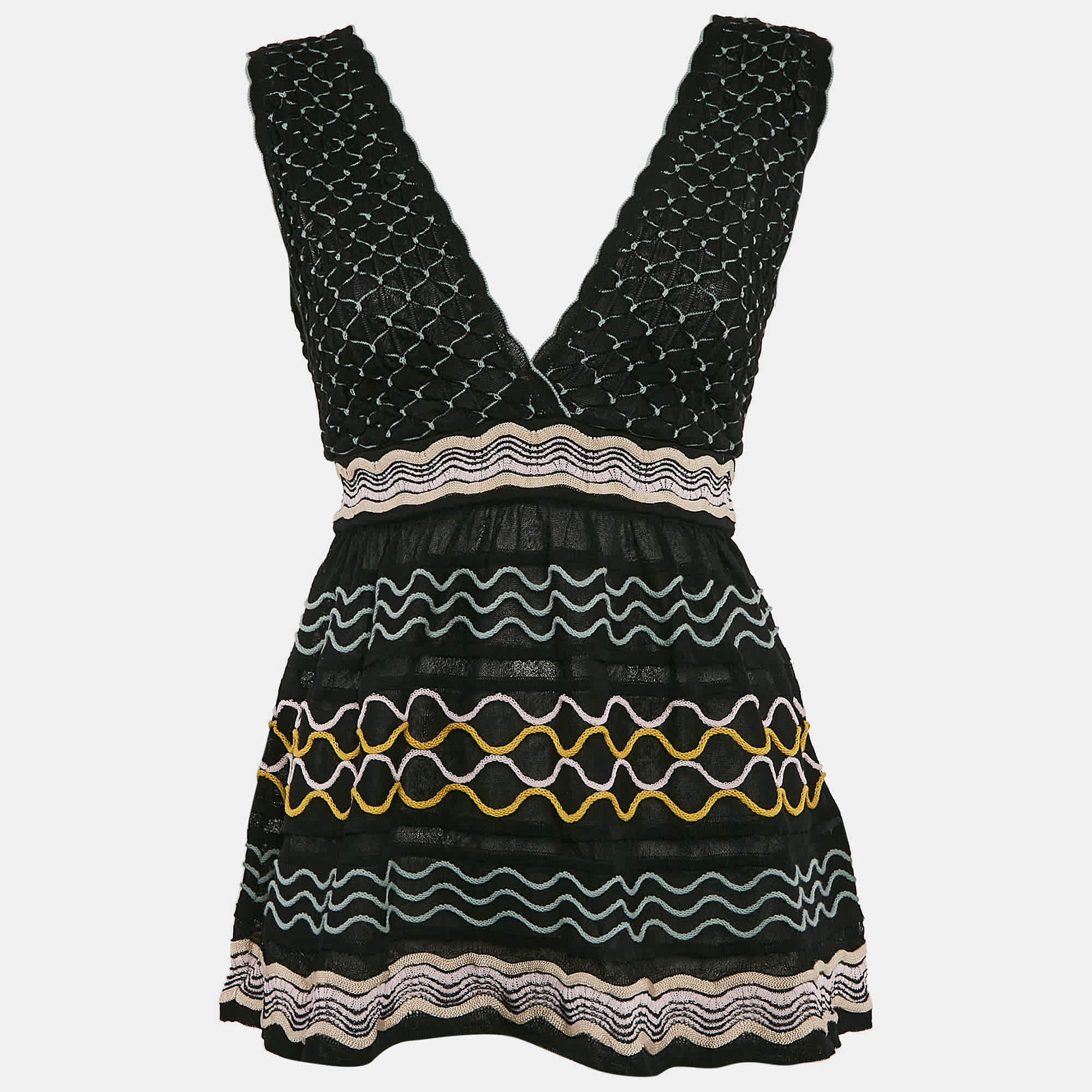 M Missoni Black Patterned Knit V - Neck Flared Top