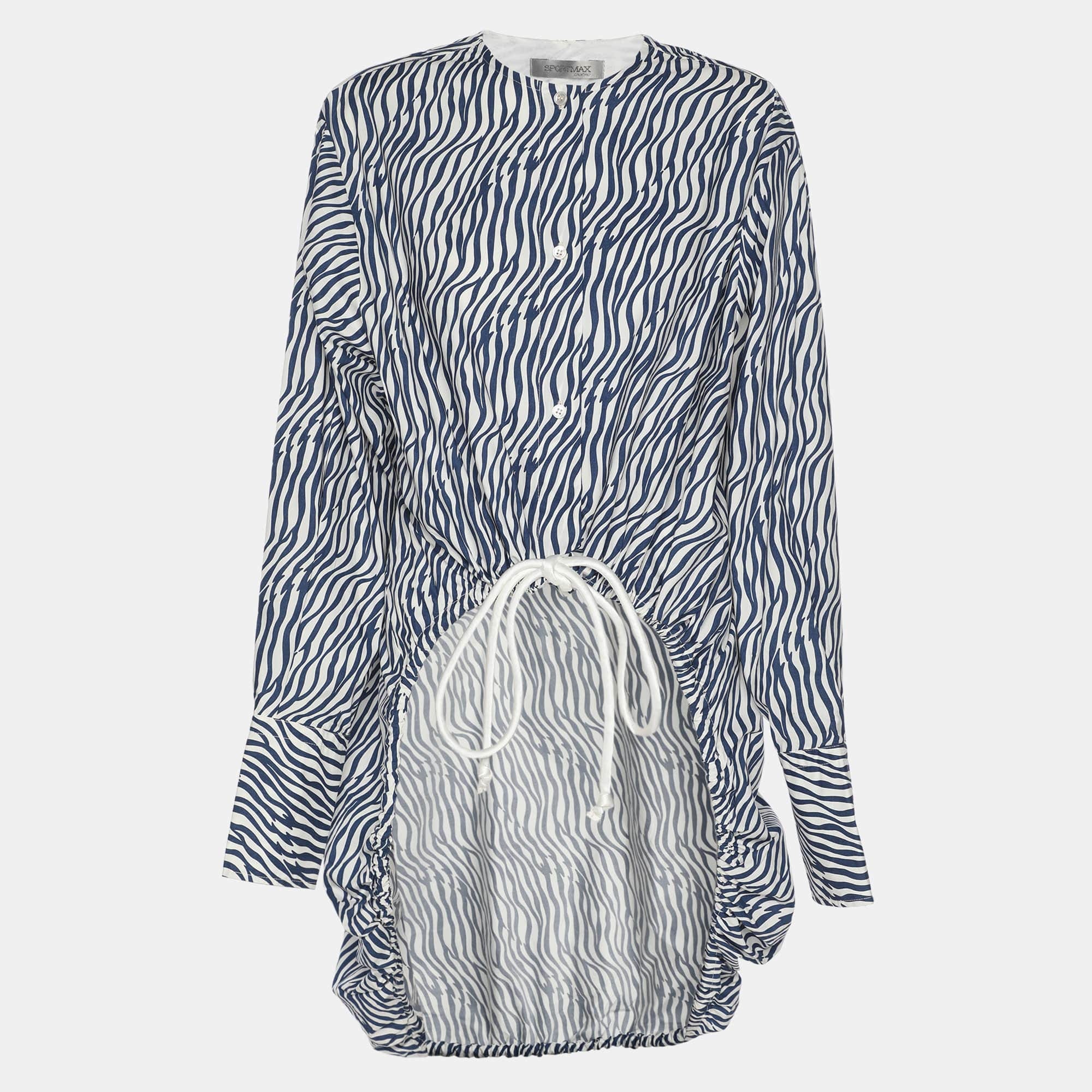 WHITE* Blue/white Animal Print Cotton Drawstring Long Sleeve Top