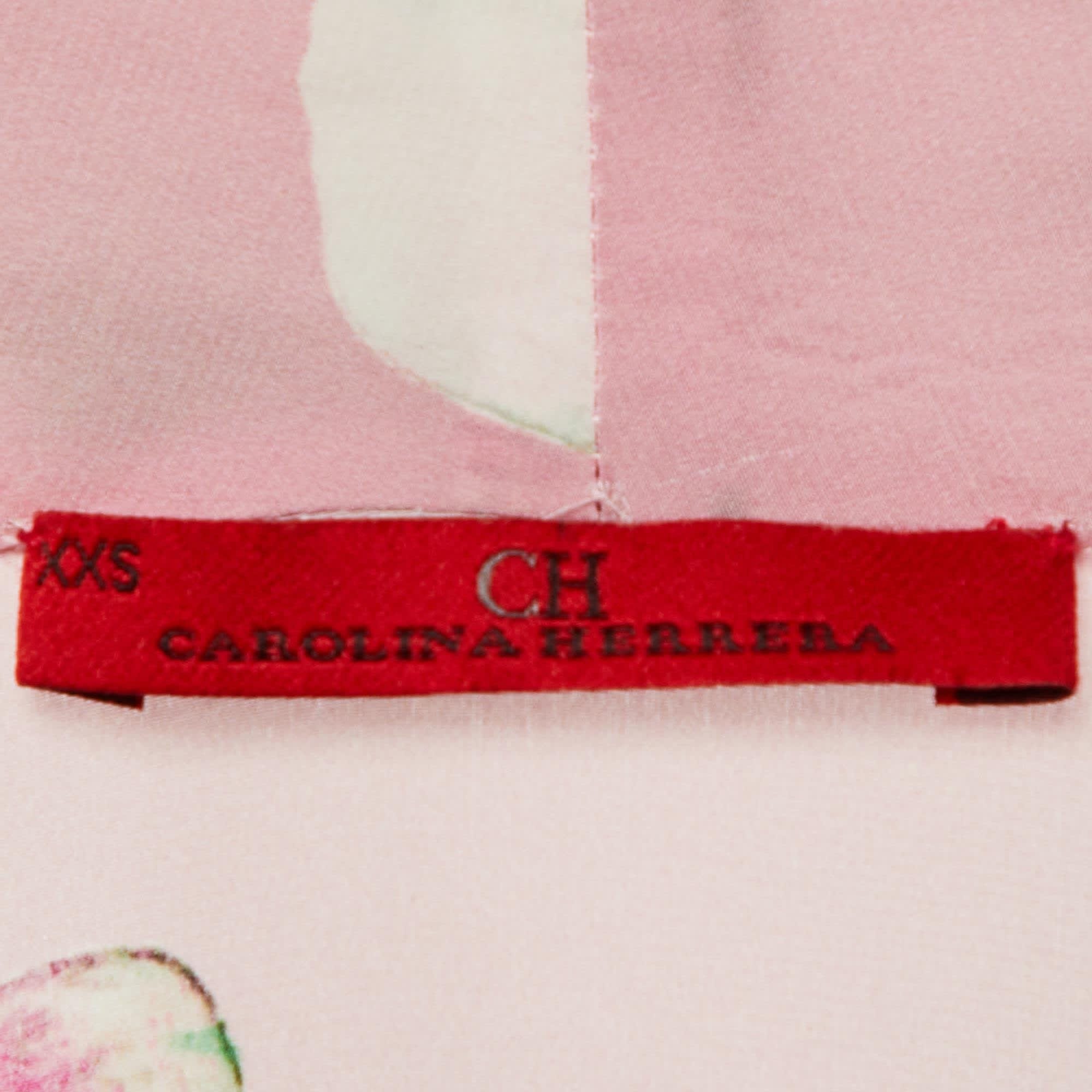 Ch Carolina Herrera Pink Floral Print Crepe & Silk Blend Wrap Around Top
