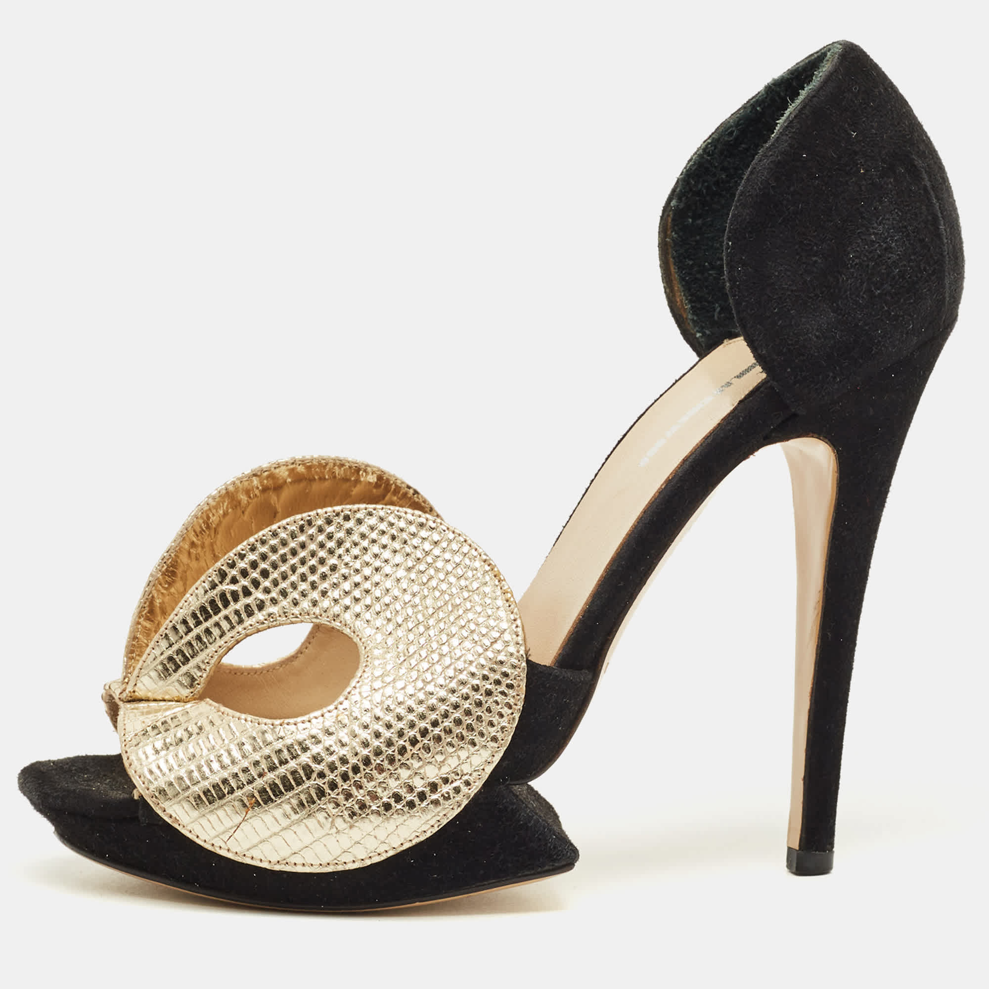 And Size 37 Black/gold Leather And Suede Platform Sandals