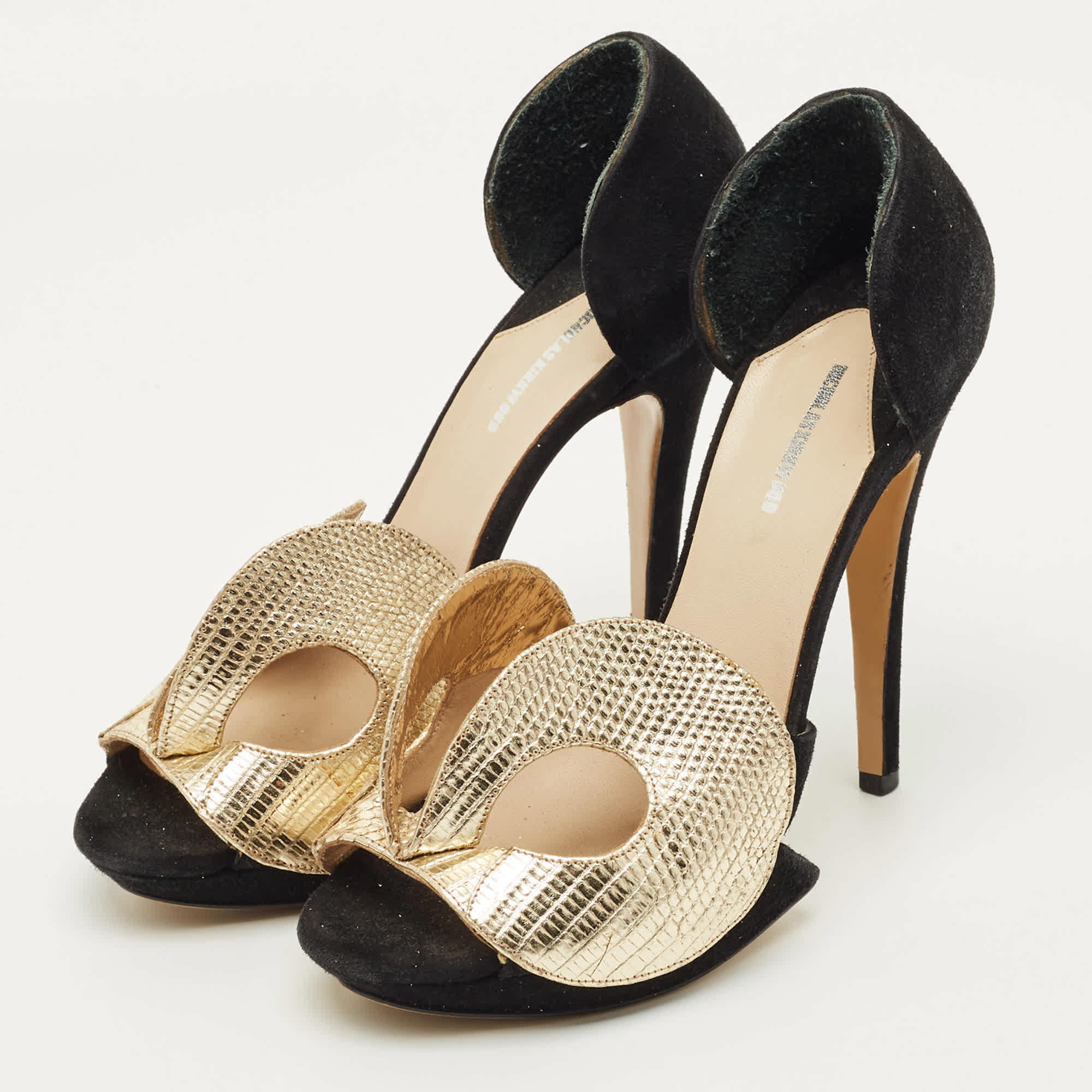 And Size 37 Black/gold Leather And Suede Platform Sandals