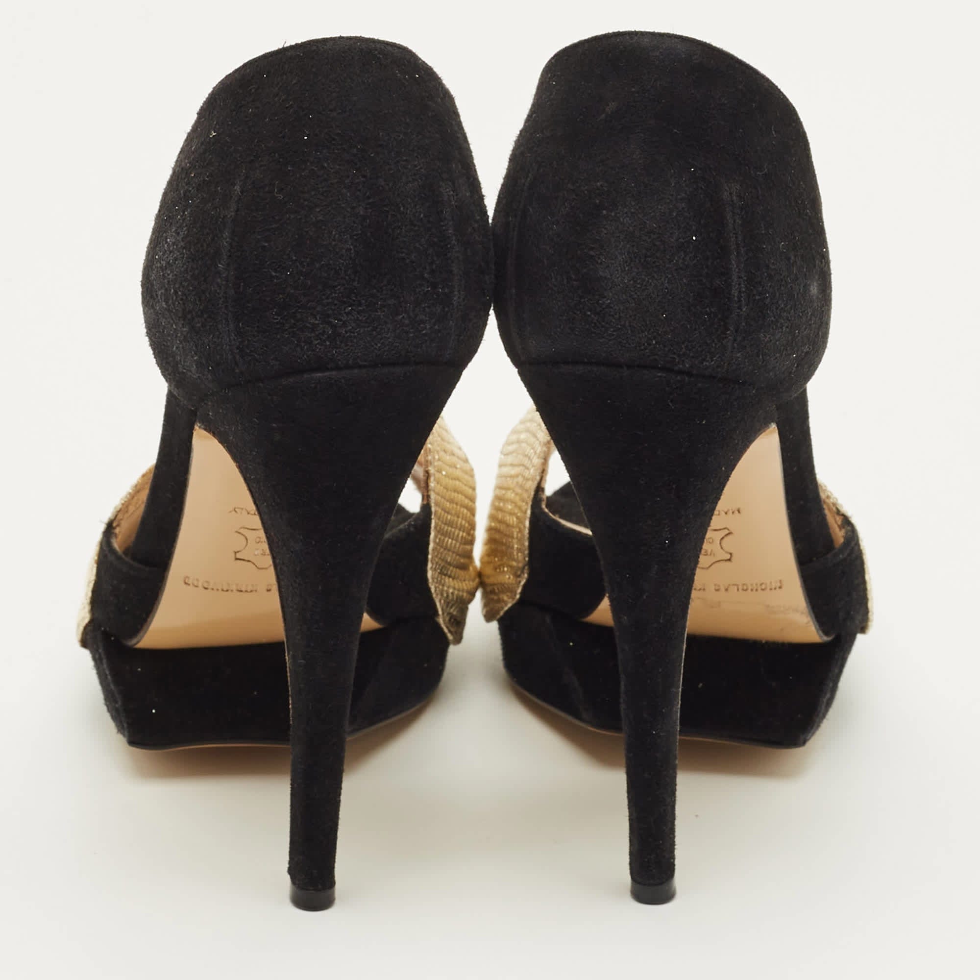 And Size 37 Black/gold Leather And Suede Platform Sandals