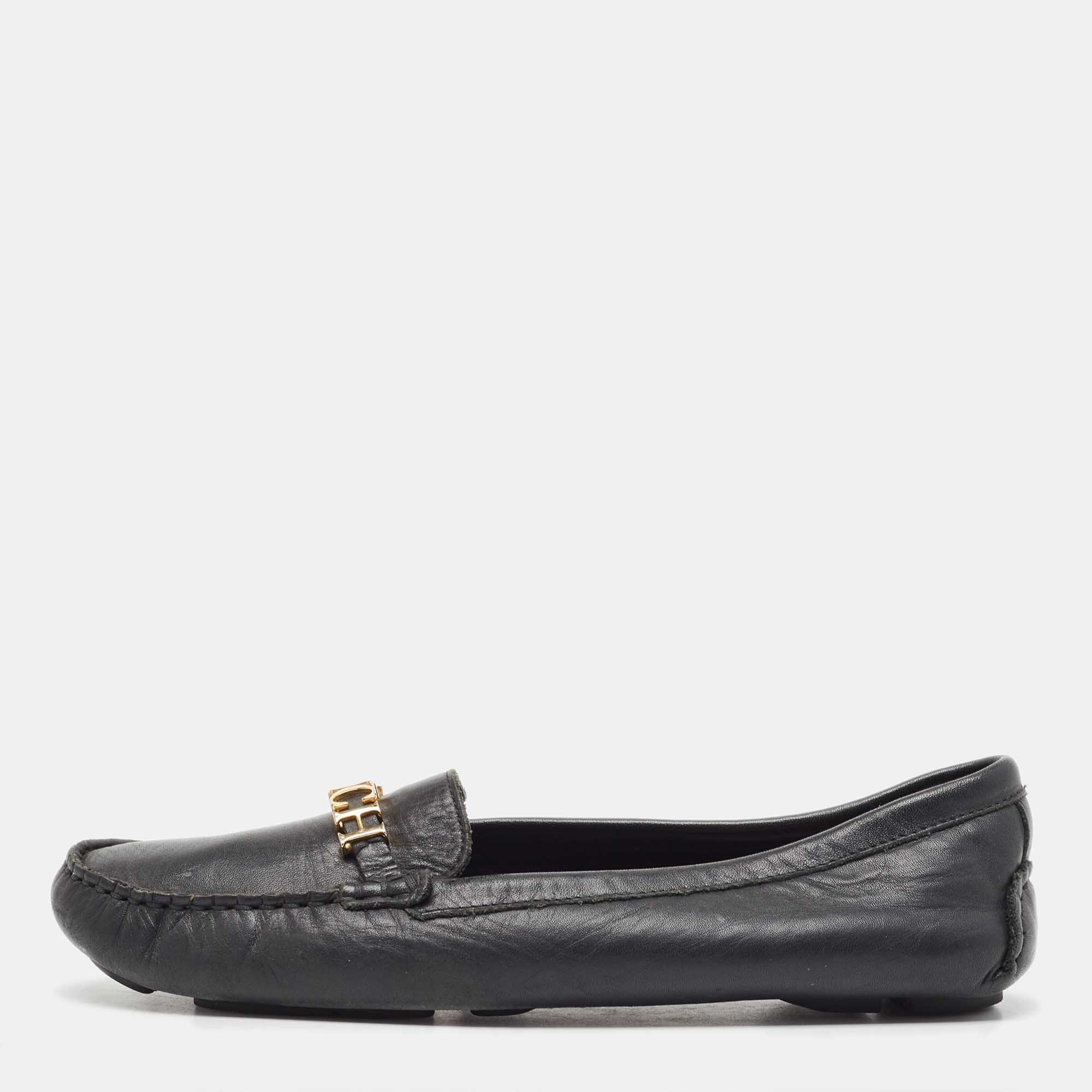 Ch Carolina Herrera Black Leather Chch Logo Loafers