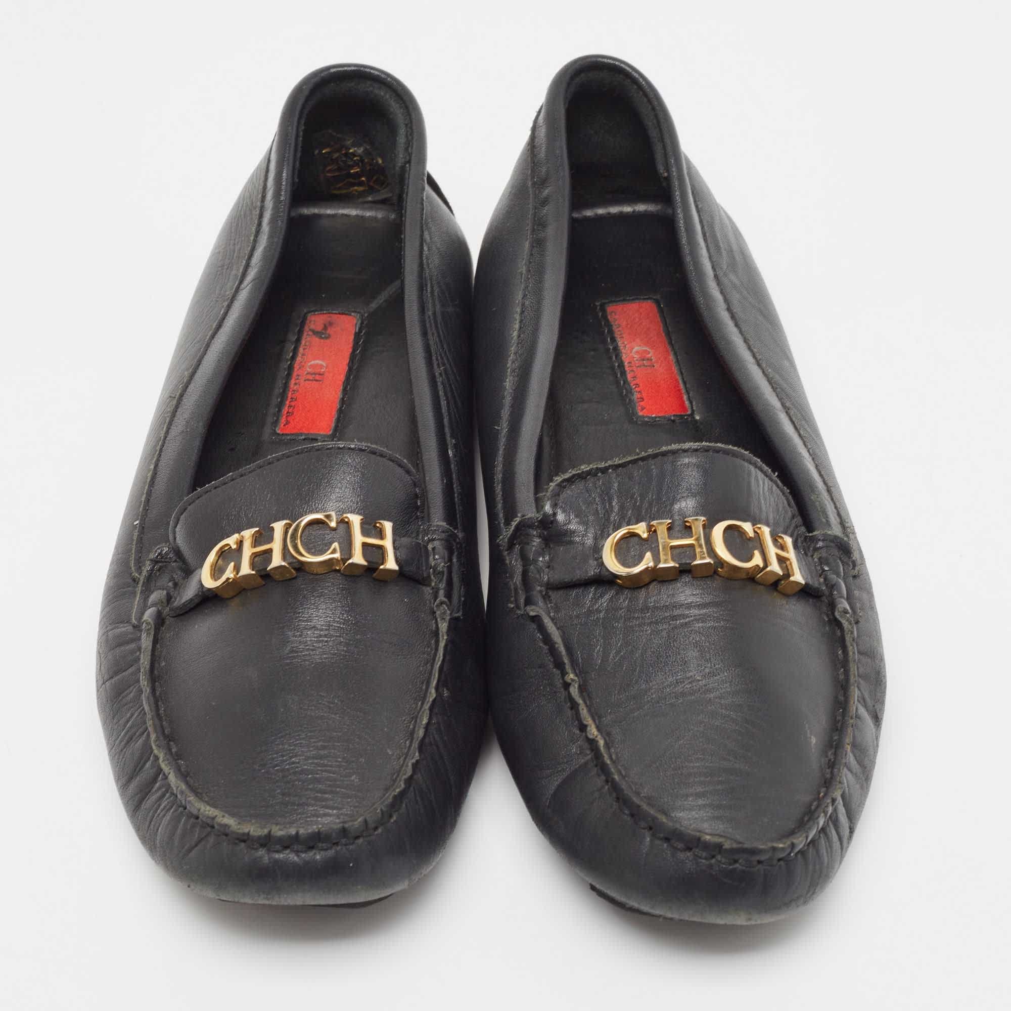 Ch Carolina Herrera Black Leather Chch Logo Loafers